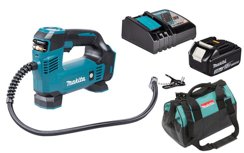 Makita Akku-Handkompressor DMP180, max. 8,3 bar, inkl. 3 Ah Akku und Ladegerät DC18RC in Aufbewahrungstasche