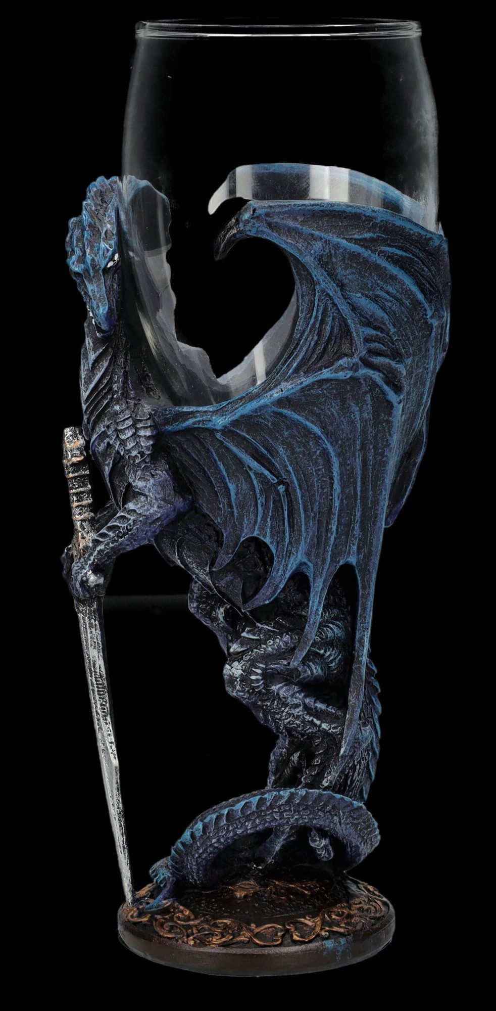 Figuren Shop GmbH Becher Glas Kelch Drache - Night Blade - Weinkelch / Weinglas Fantasy Drache, Kunststein (Polyresin), Glas