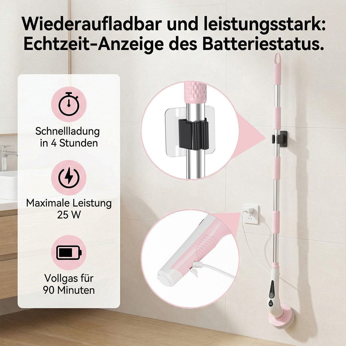 PRASKY Elektro-Oberflächenbürste Elektrische Rosa IPX8, LED-Display, 9 Bürstenköpfen & Teleskopstiel, Mehrere abnehmbare Teile badebürste elektrisch, Teppichrei – Bild 4 von 5