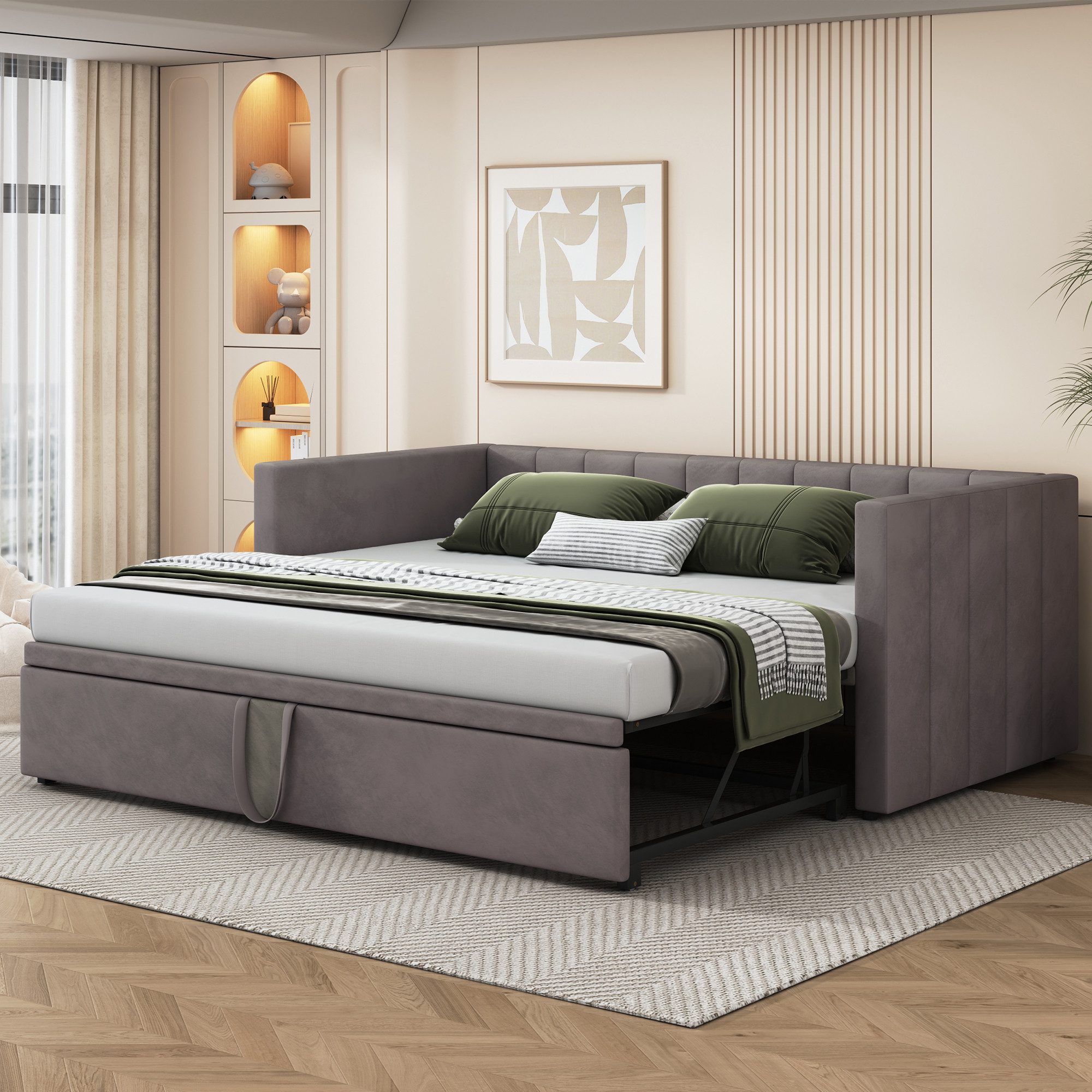 MODFU Schlafsofa Daybett, Tagesbett mit Ausziehbarem Tagesbett, 90/180x200 cm, Multifunktionales Polsterbett Doppelbett Kinderbett, Samtstoff, inkl. Lattenrost, Platzsparend für Gästezimmer, Schlafzimmer & Wohnräume, ohne Matratze