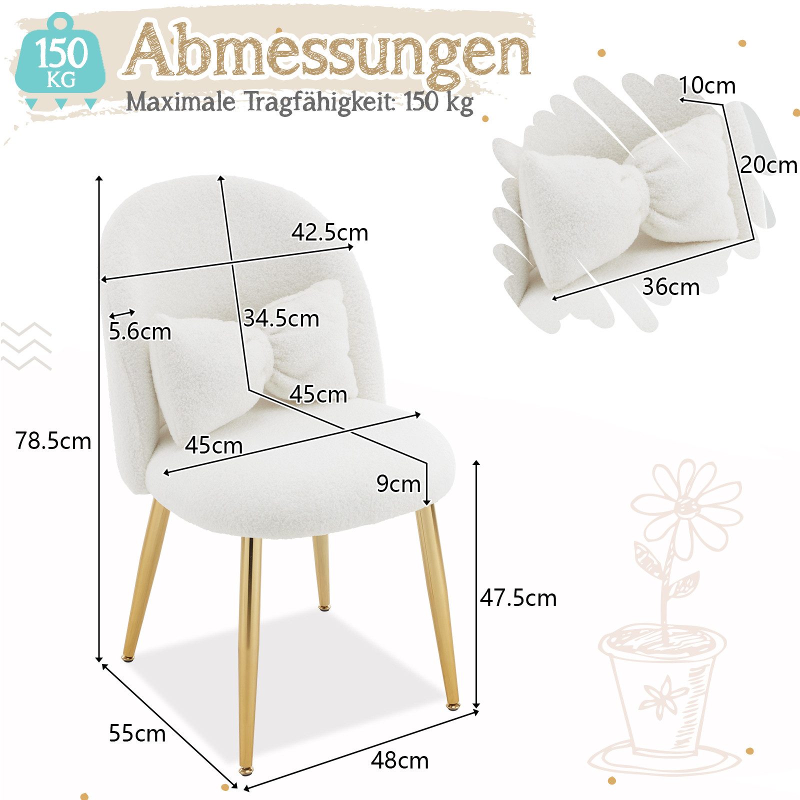 VINGLI Polsterstuhl mit Schleife Zierkissen, Schminktisch Stuhl, Monderne E günstig online kaufen