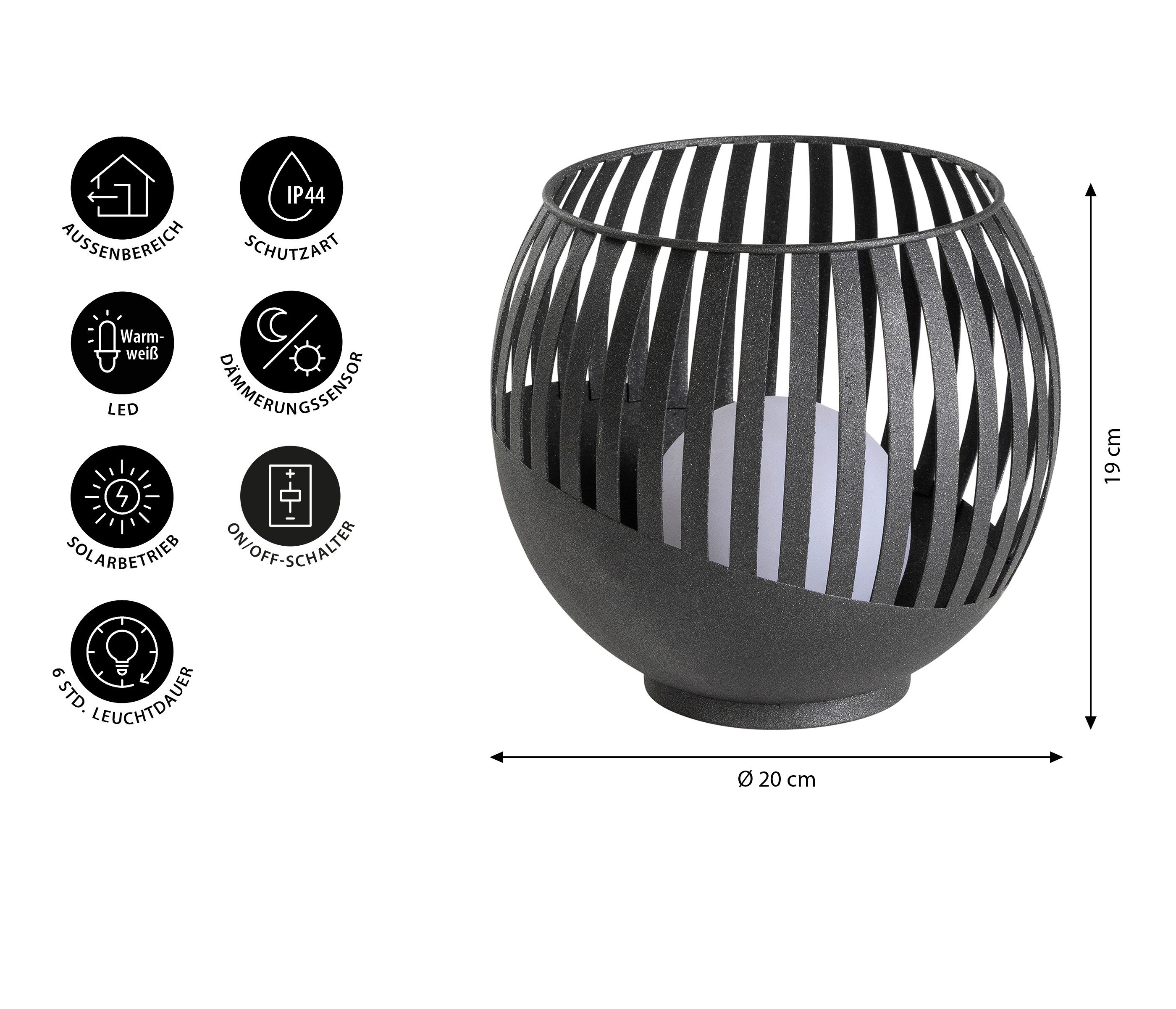 Dehner LED Solarleuchte Mina, LED Gartenleuchte, Ø20 x H19 cm, Metall & Kunststoff, schwarz, Warmweiß, Dämmerungssensor, Solar