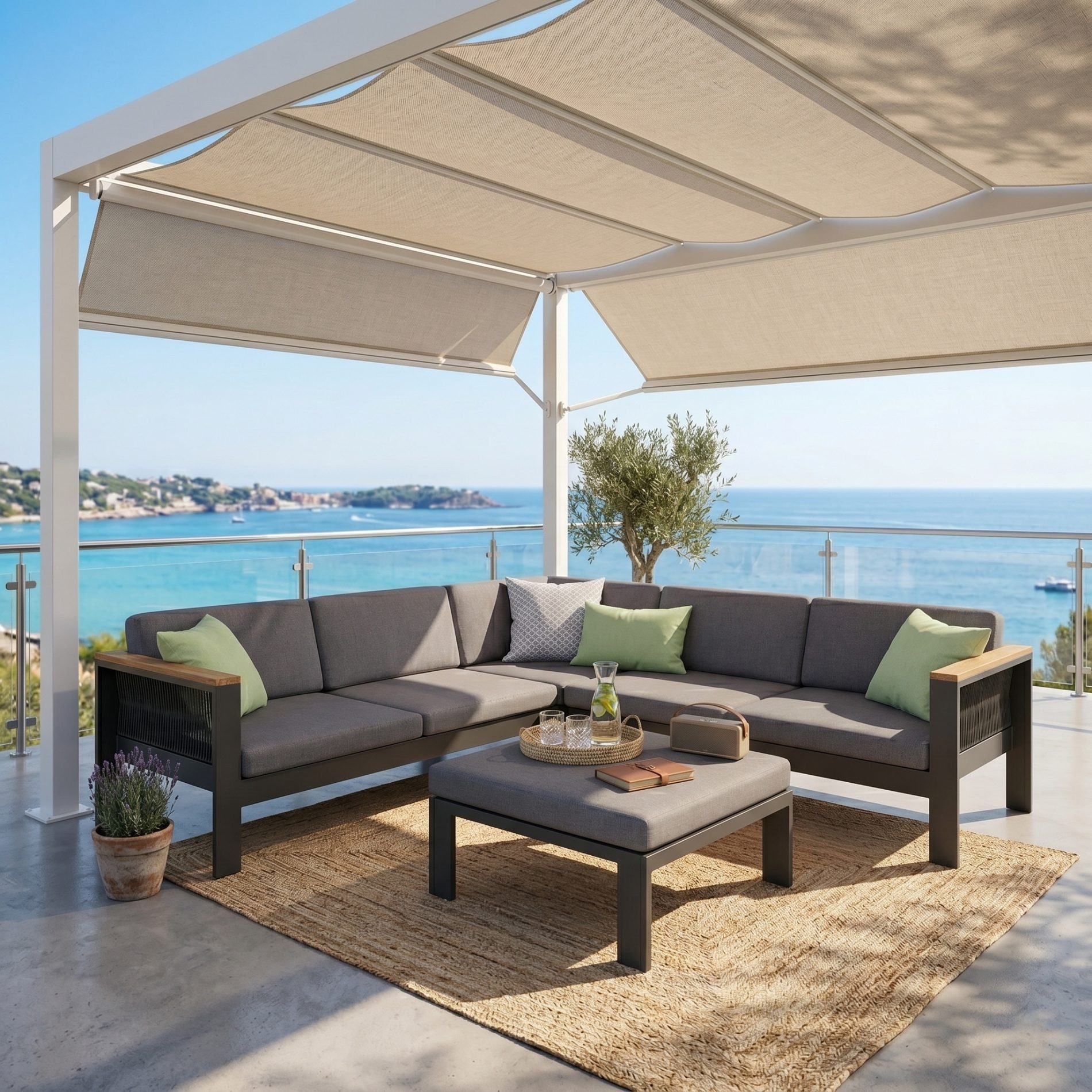 Jati & Kebon Gartenlounge-Set Miray, Ecklounge, Loungeset, (2-Sitzer Seitenteil rechts & links, Eckteil, Loungehocker, 4-tlg., Armlehnen Teak), für 4 Personen, Rope-Bespannung, inkl. Olefin-Polsterauflagen