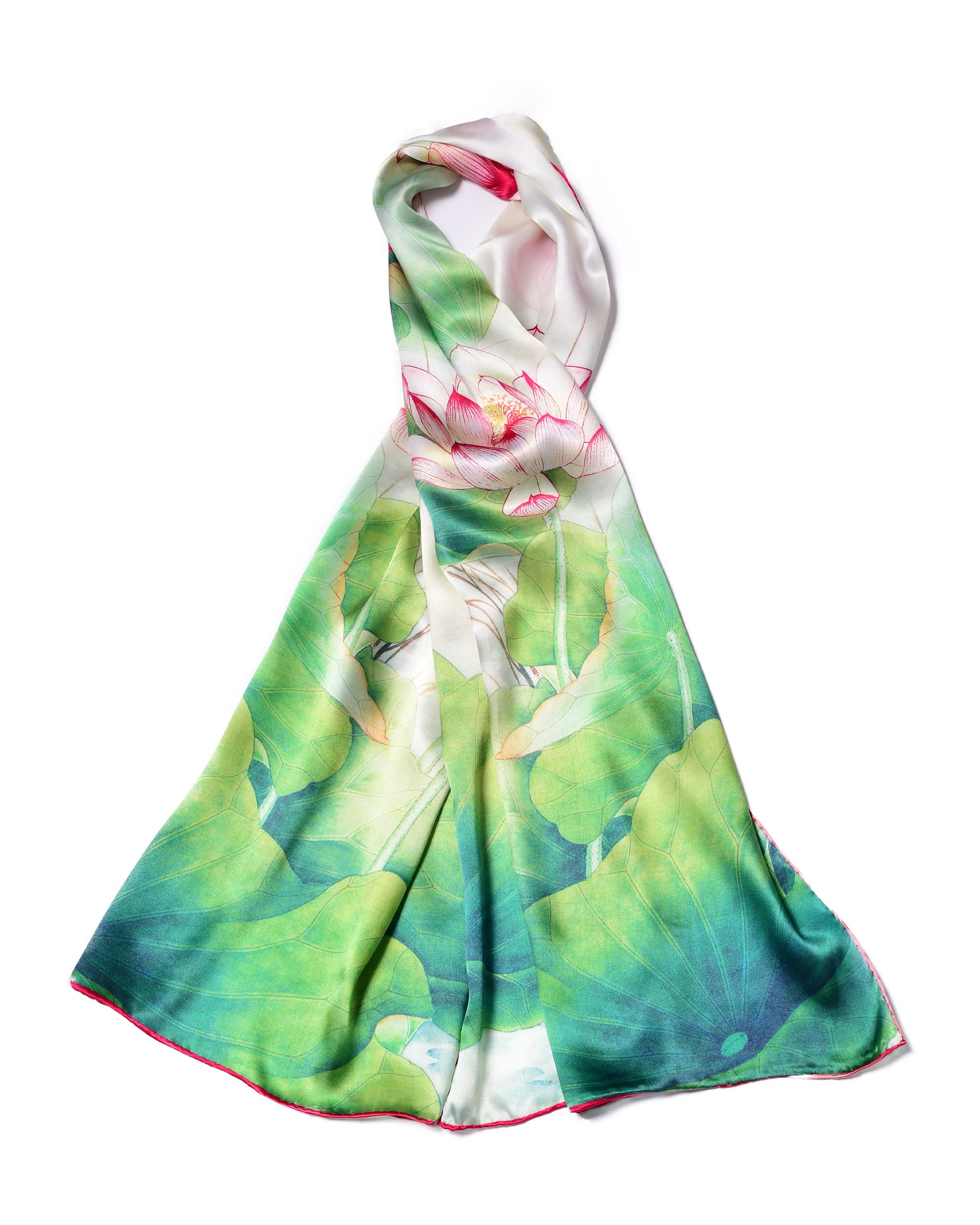 Seidenschal Lotus Rot Grün, 55 x 175 cm, leichter Damen-Schal, alljährig