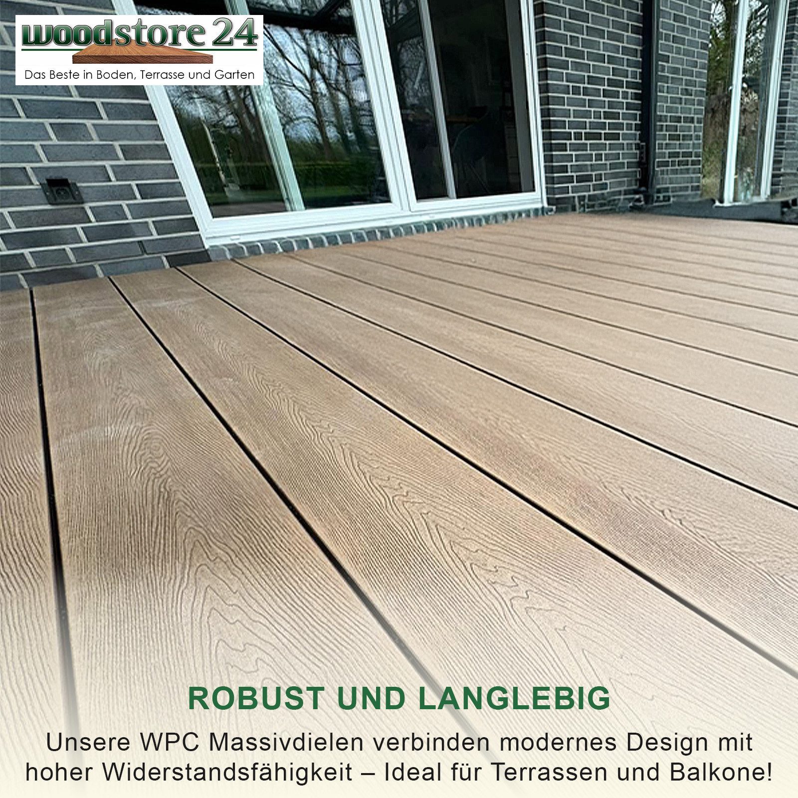 Woodstore24 Terrassendielen WoodoMalta WPC Massivdiele in Holzoptik für den Garten mit Clipsystem, (Bodenbelag Komplettset mit Unterkonstruktion, Clip-Befestigung, 2,4m L x 14,6cm B x 1,8cm Stärke, in grau, anthrazit & braun), Holzoptik, Klicksystem, Außenbereich, Gastronomie geeignet, wetterfest