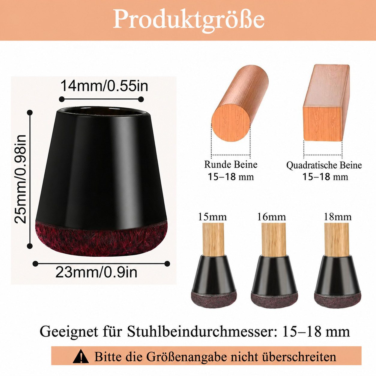 BlingBin Stuhlsocke Stuhlbeinkappen mit Filz, Silikon-Stuhlbeinschoner für Möbelbeine, (40er Set, 40 St), Stuhlbeinschoner für runde Möbelbeine 15–18 mm, Bodens – Bild 2 von 5