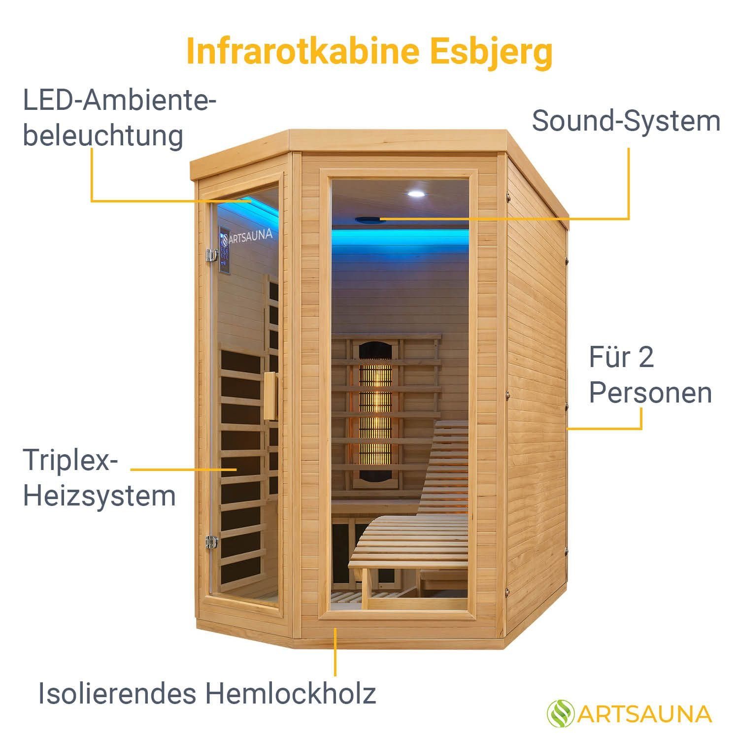 Artsauna Infrarotkabine Esbjerg Triplex-Heizsystem, für 2 Personen, Hemlock-Holz, Ionisator, HiFi-System, LED-Farblicht