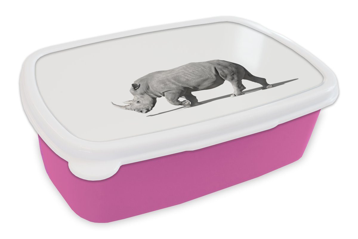 MuchoWow Lunchbox Rhinozeros - Tiere - Weiß, Kunststoff, (2-tlg), Brotbox für Erwachsene, Brotdose Kinder, Snackbox, Mädchen, Kunststoff rosa