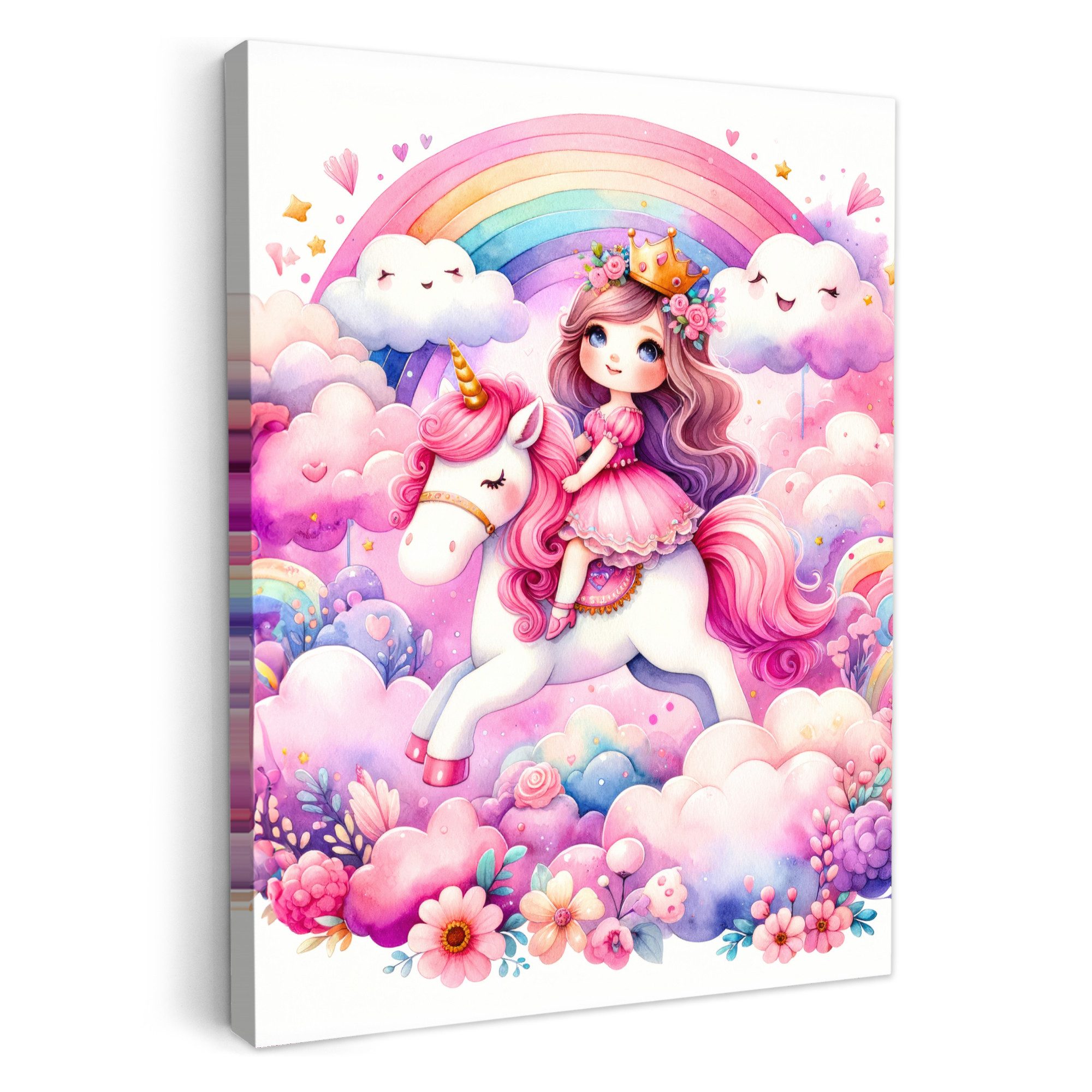 OneMillionCanvasses® Leinwandbild Einhorn - Prinzessin - Einhorn - Rosa - Regenbogen, Fotodruck (1 St), Babyzimmer Deko, Bilder für Mädchen und Jungen 30x40 cm