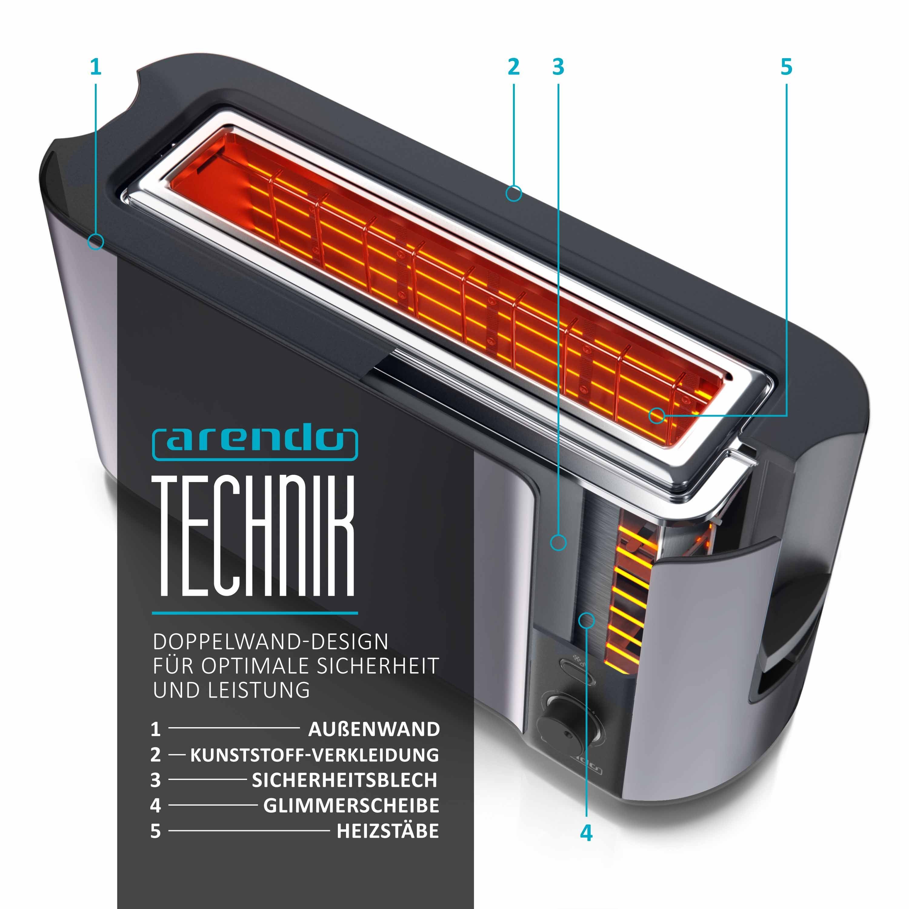 Arendo Toaster, Wärmeisolierendes 1 Langschlitz, Display langer 2 W, Schlitz, für Scheiben, 1000 Gehäuse, Brötchenaufsatz, grau/silber