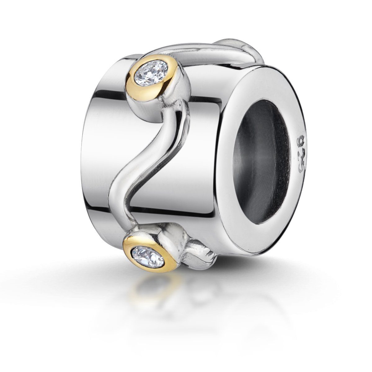 Materia Bead Silber Perle Zirkonia Weiß mit goldenen Details 750, 925 Sterling Silber