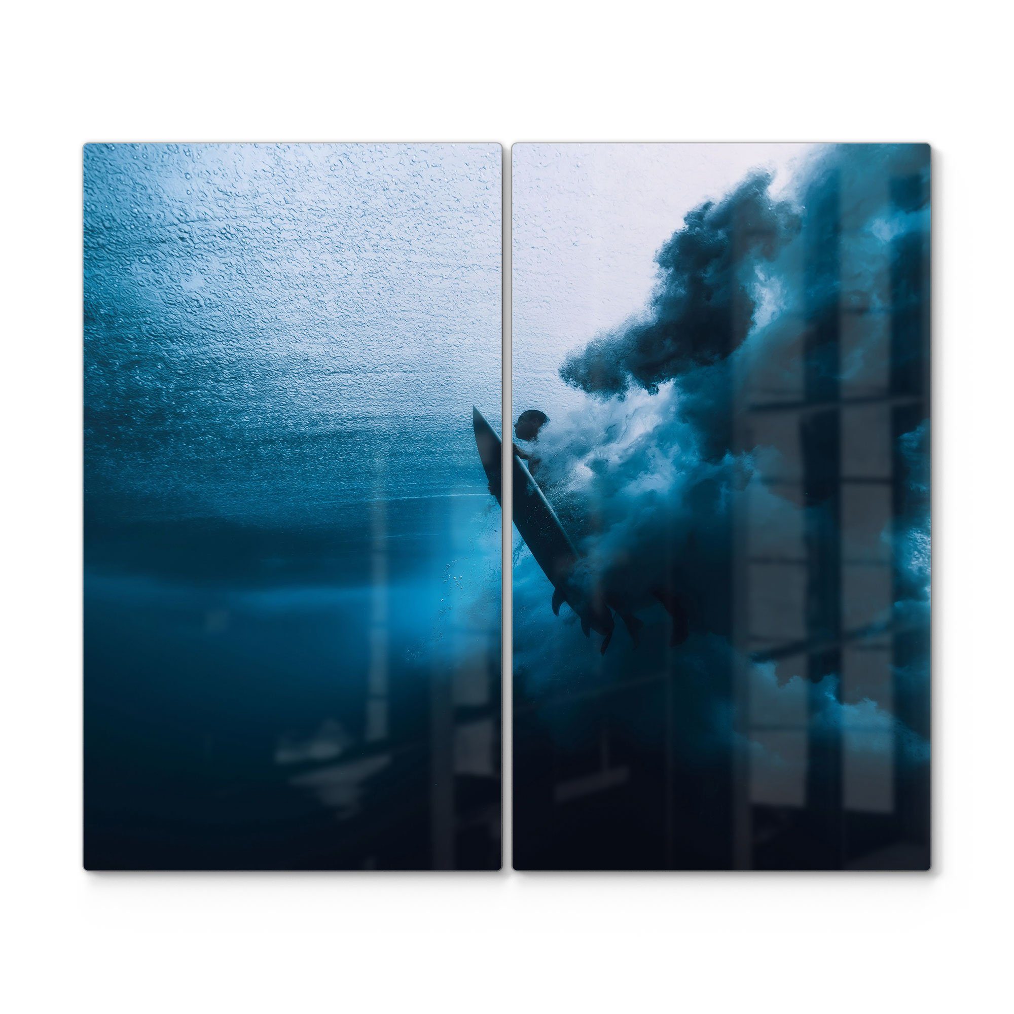 DEQORI Herdblende-/Abdeckplatte 'Surfer taucht Unterwasser', Glas, (2 tlg), Glas Herdabdeckplatte Ceranfeld Herd