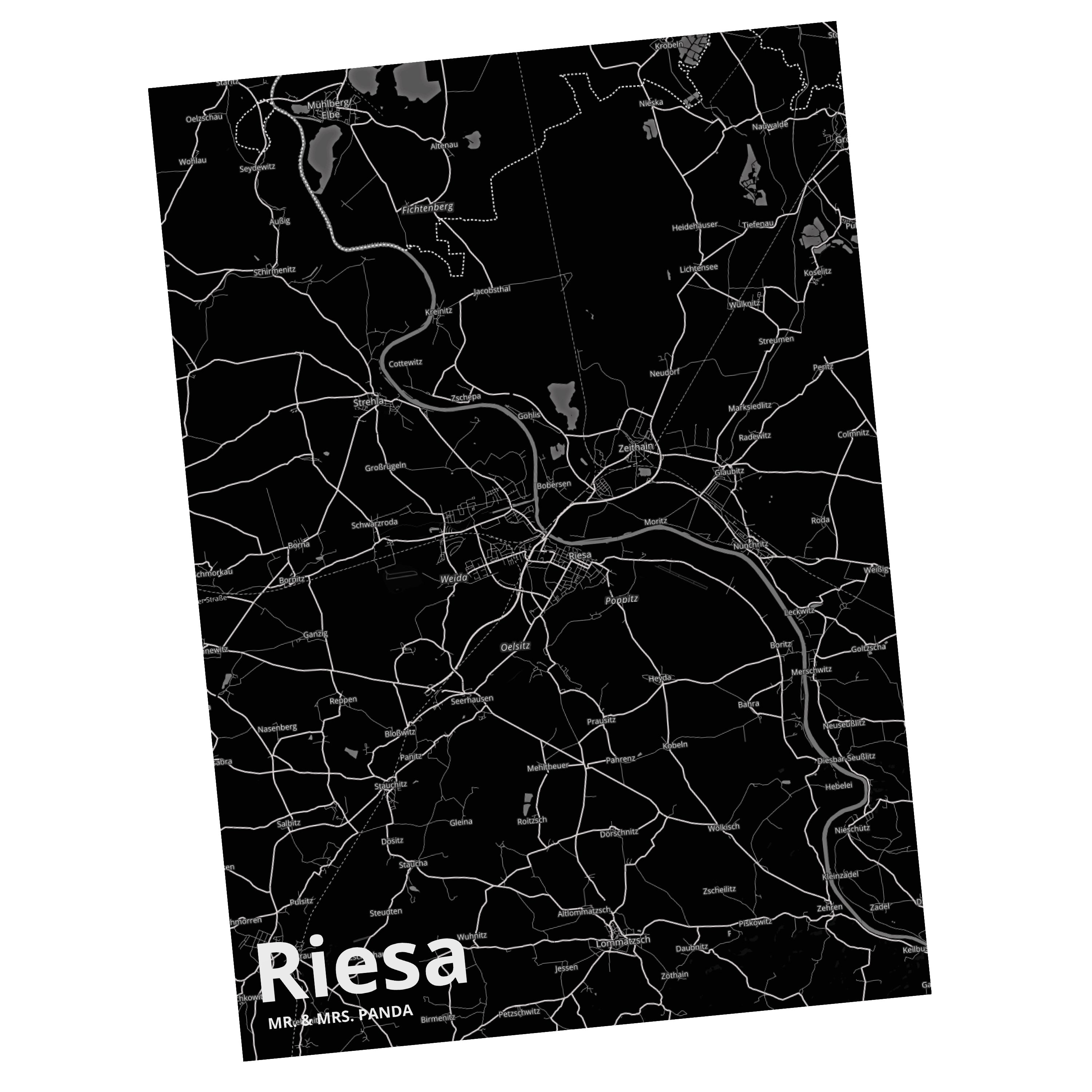 Mr. & Mrs. Panda Postkarte Riesa - Geschenk, Karte, Grußkarte, Einladungskarte, Dorf, Ort, Einla
