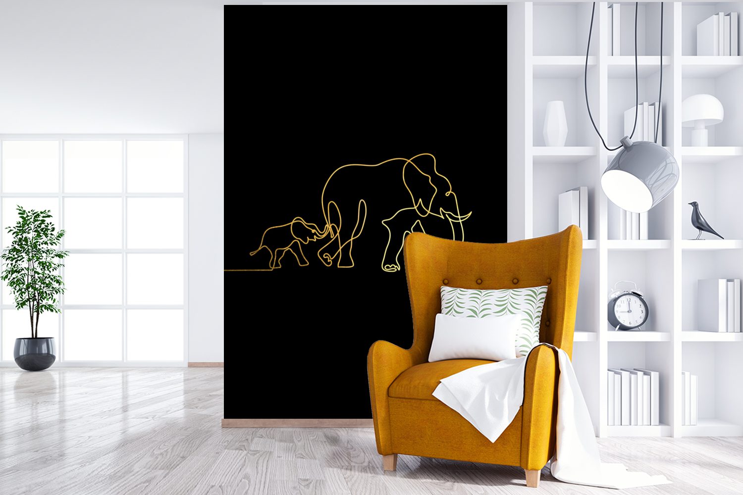 Wohnzimmer, Wandtapete (3 St), - Fototapete - MuchoWow - Vinyl Einfach für Montagefertig Tapete bedruckt, Elefant Gold Matt, Schwarz,