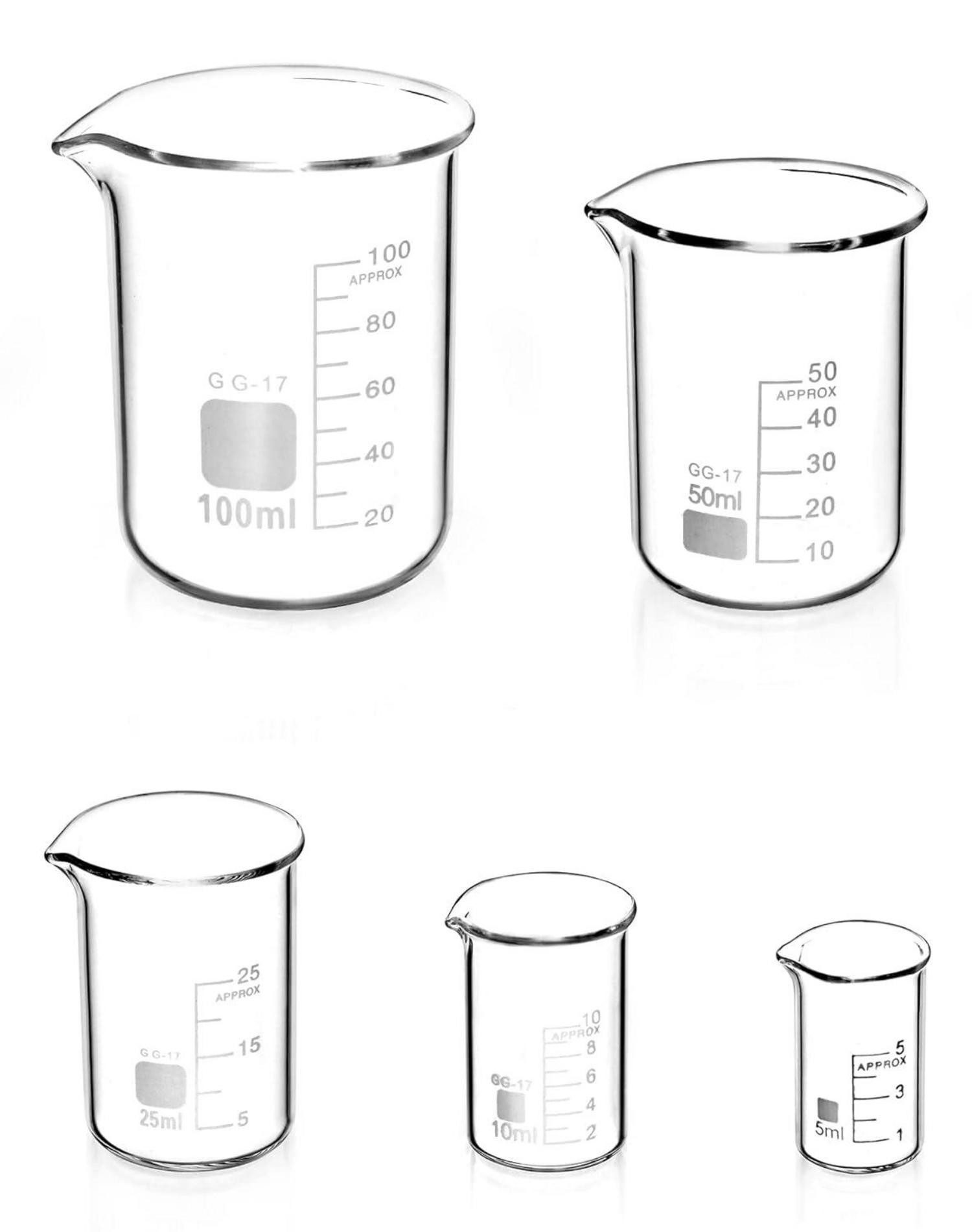 Multitool Abgestufte Messbecher Glas Set 5ml 10ml 25ml 50ml 100ml Labor Küche