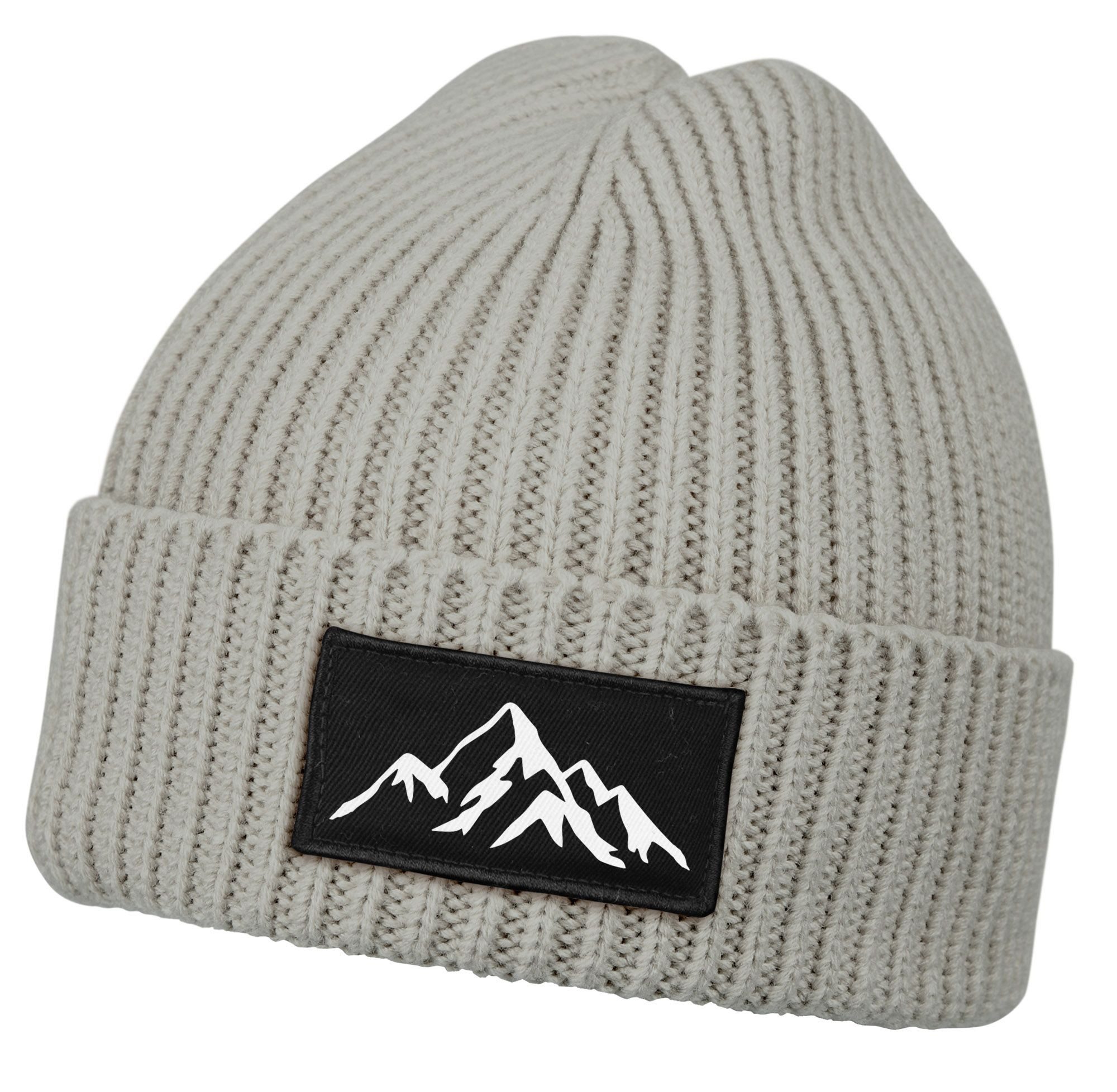 Strickmütze Herren Beanie Wintermütze mit Patch Berge Mountain Aufdruck Print