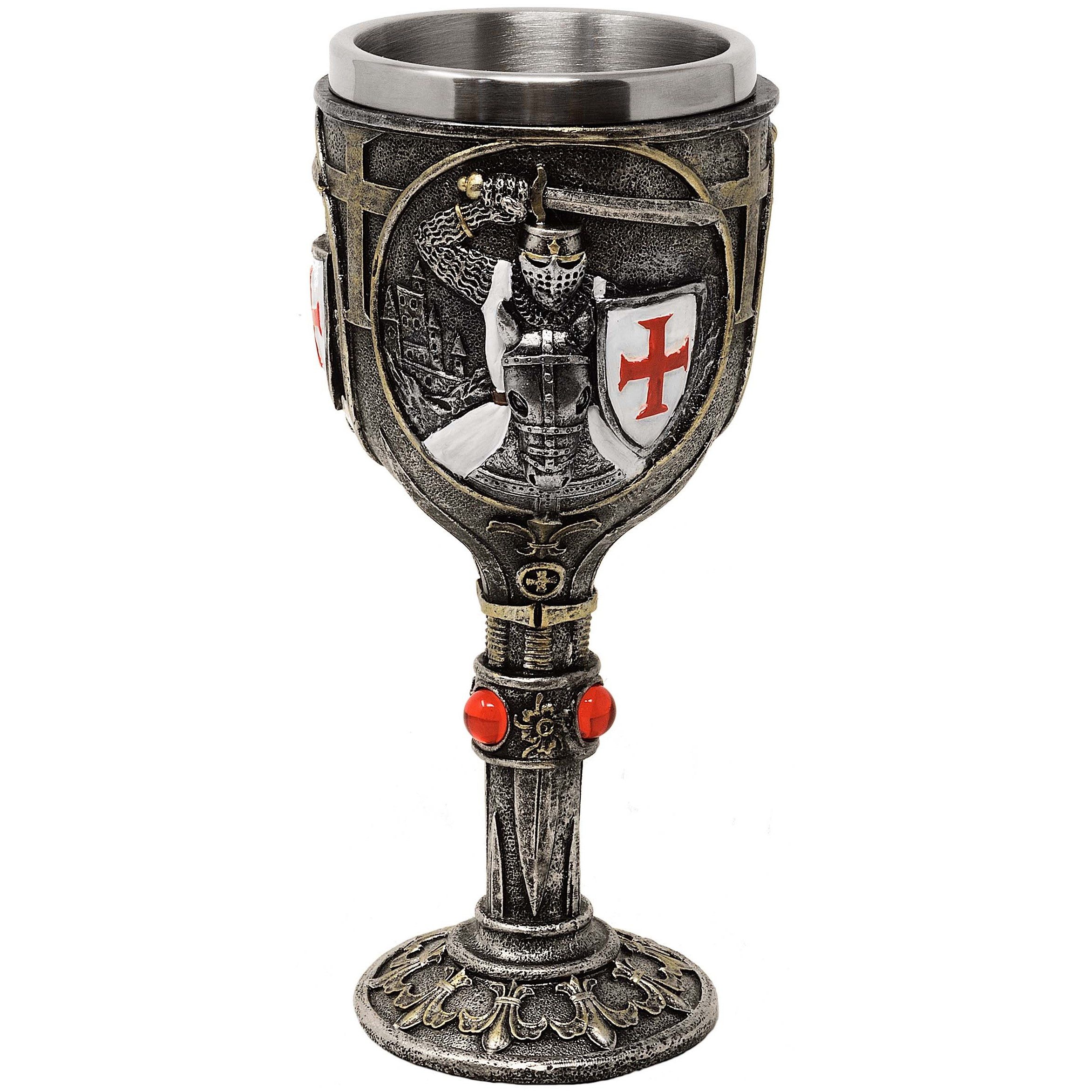MystiCalls Becher Kelch Kreuzritter weiß auf Pferd Ritter Ritterkelch Mittelalter, 1-tlg., Polyresin, 180 ml Fassungsvolumen