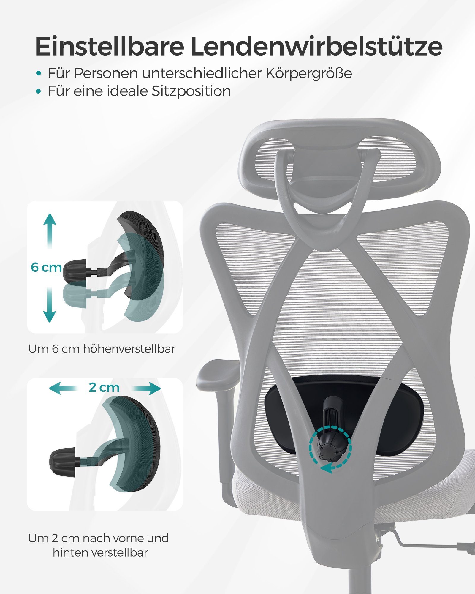 grau verstellbare Kopfstütze ergonomisch, und Lendenstütze SONGMICS Bürostuhl,