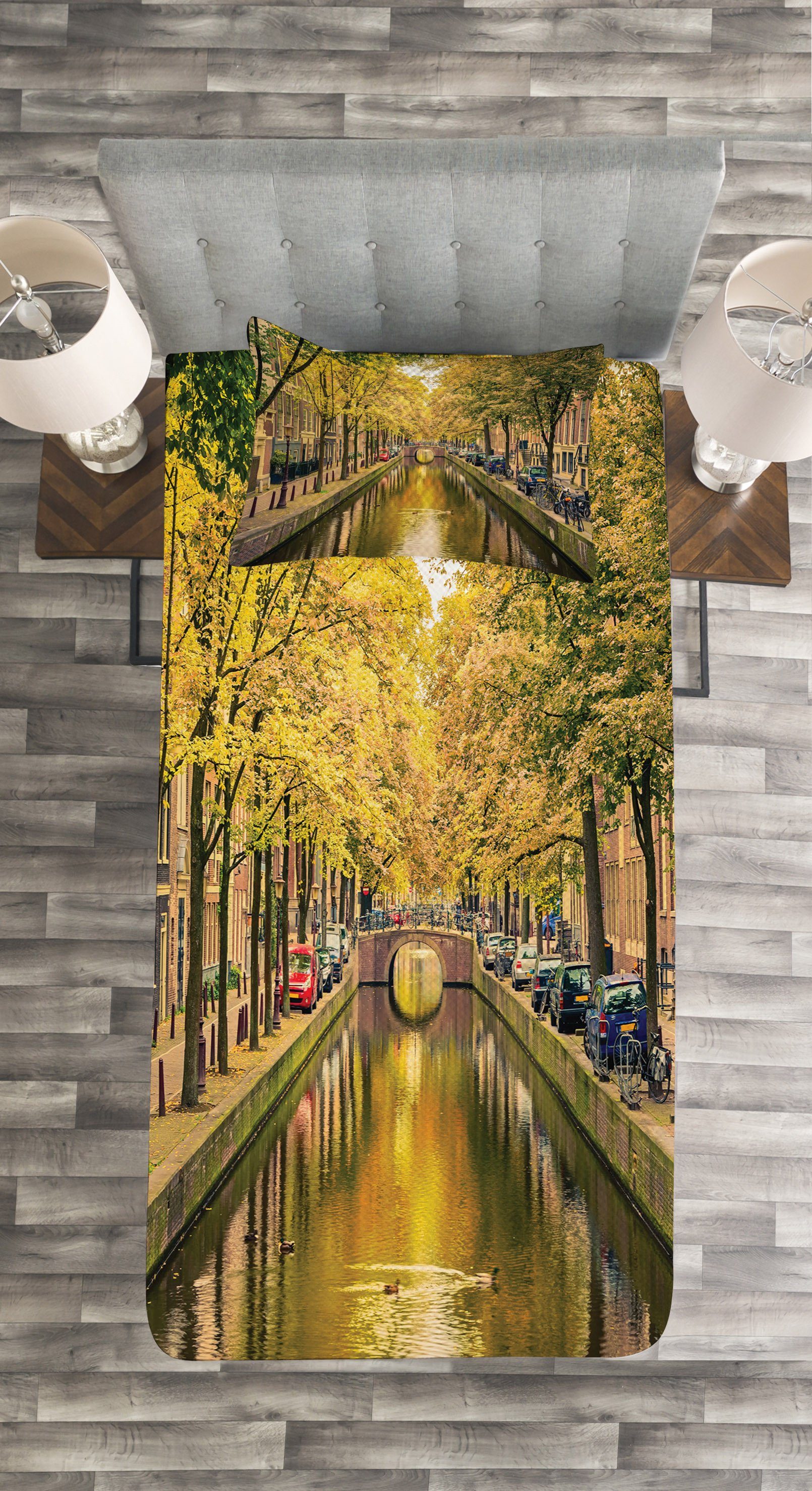 Waschbar, Kissenbezügen Holland über mit Abakuhaus, Set Amsterdam Tagesdecke Kanal den Brücke