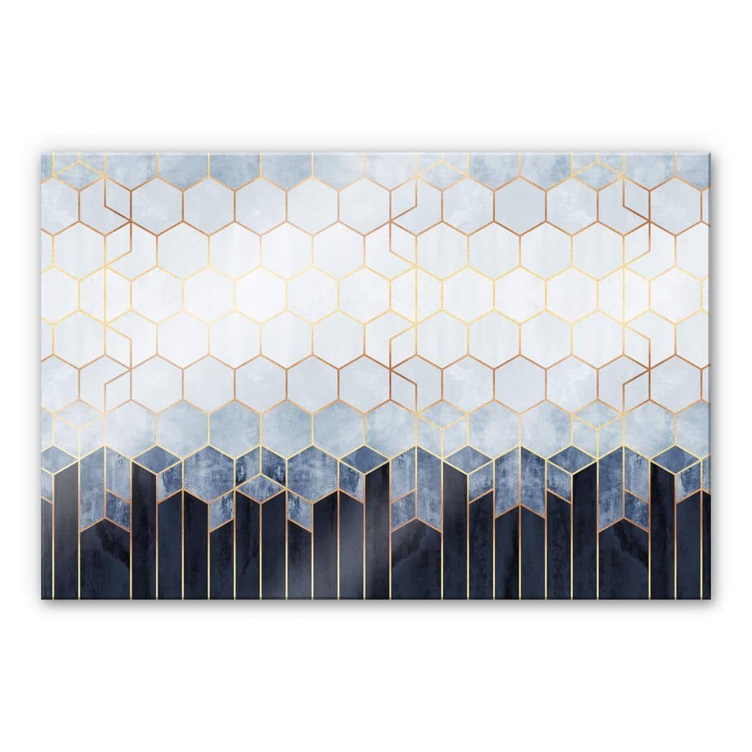 K&L Wall Art Spritzschutz Glas Küchenrückwand Hexagon Kunst Blau Weiß Gold