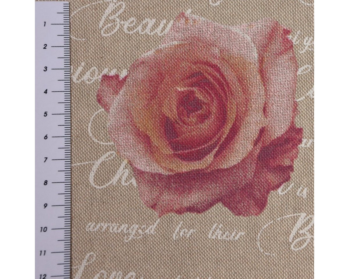 Thumbnail - Stoff Dekostoff Leinenlook Love Letter Rose Rosen Schrift natur rosa 1,40m