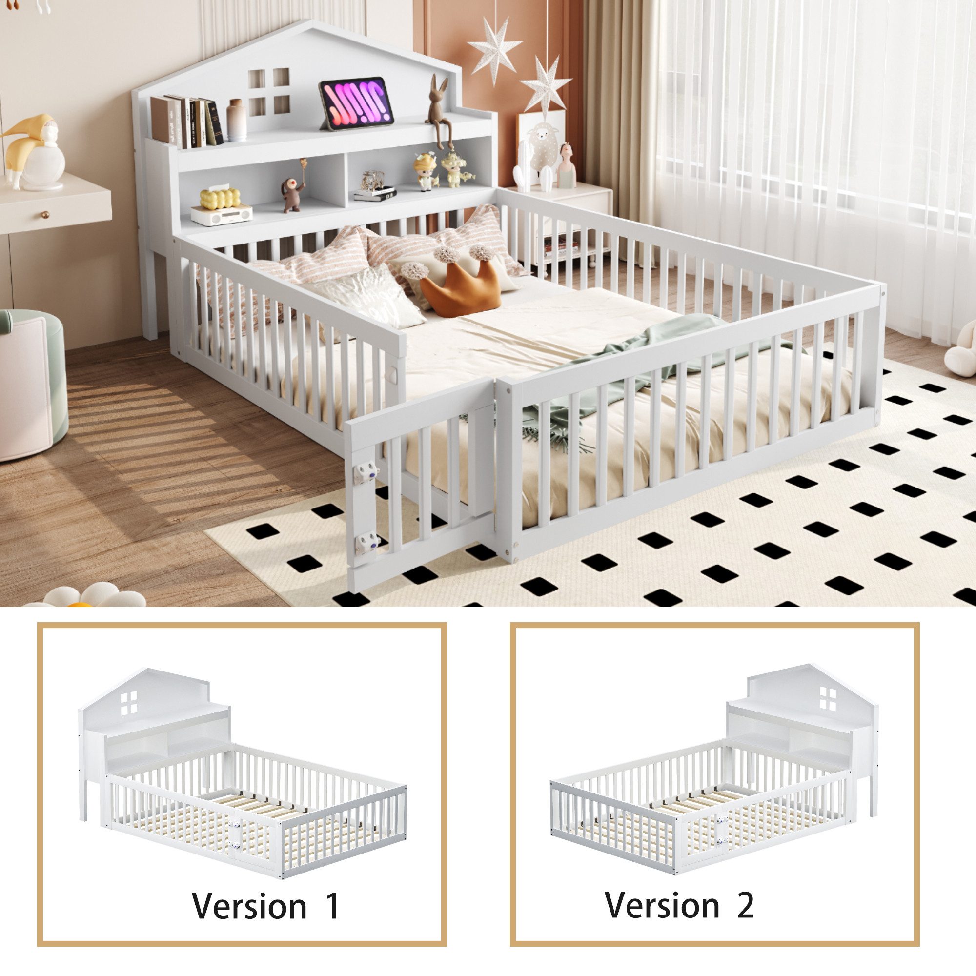 SOFTWEARY Kinderbett mit Lattenrost und Zaun günstig online kaufen