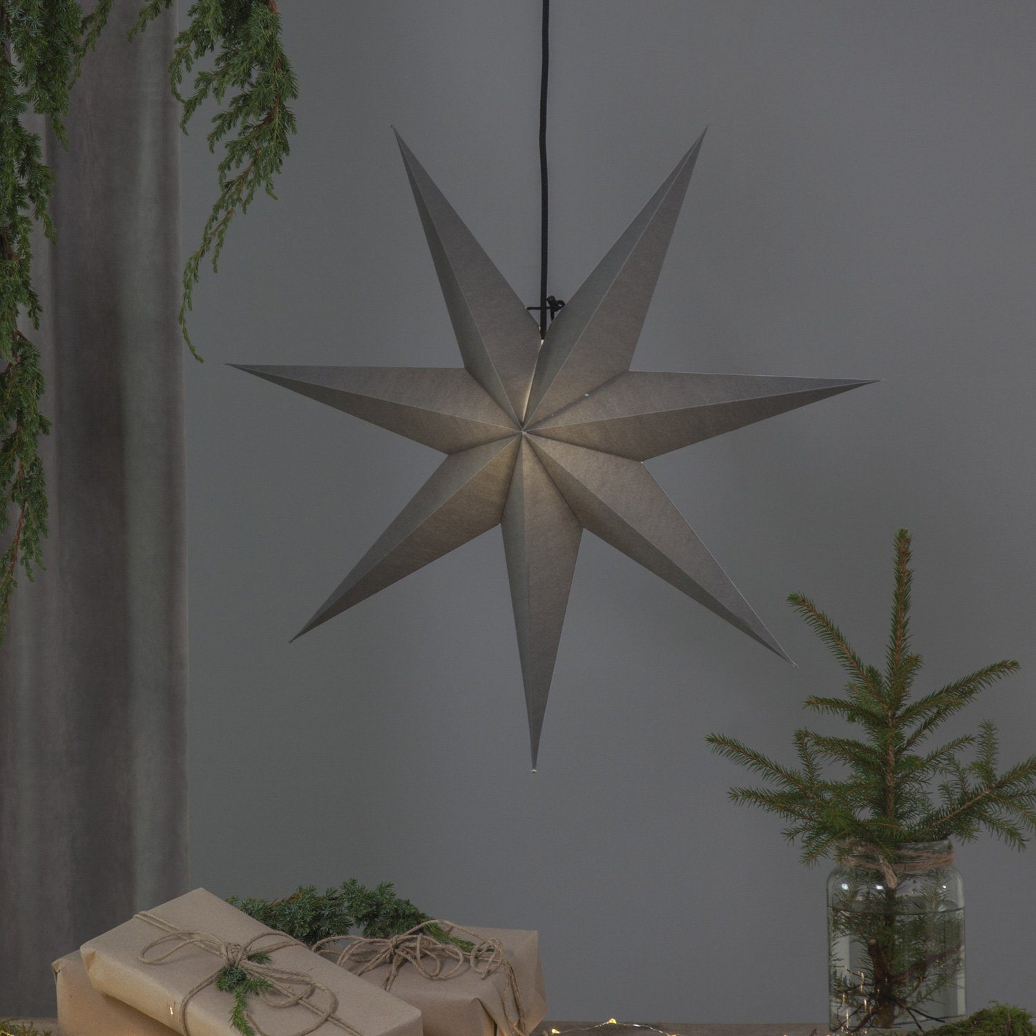STAR TRADING LED Stern Papierstern Leuchtstern Faltstern 7-zackig hängend 70cm mit Kabel grau