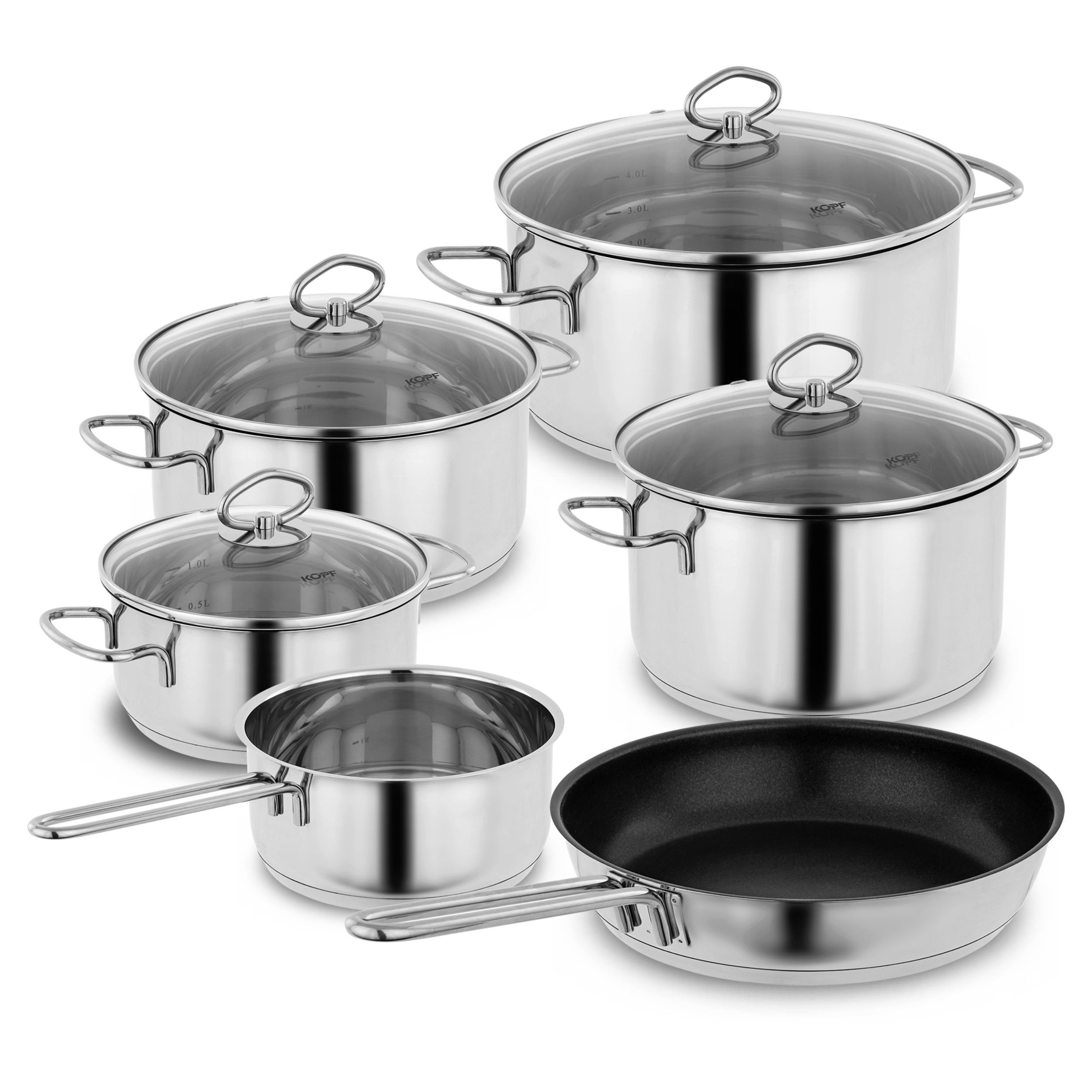 Kopf Topf-Set Merkur 6-tlg, Edelstahl (6-tlg), Kochtopfset Induktion, mit Schüttrand, Literskala und Glasdeckel