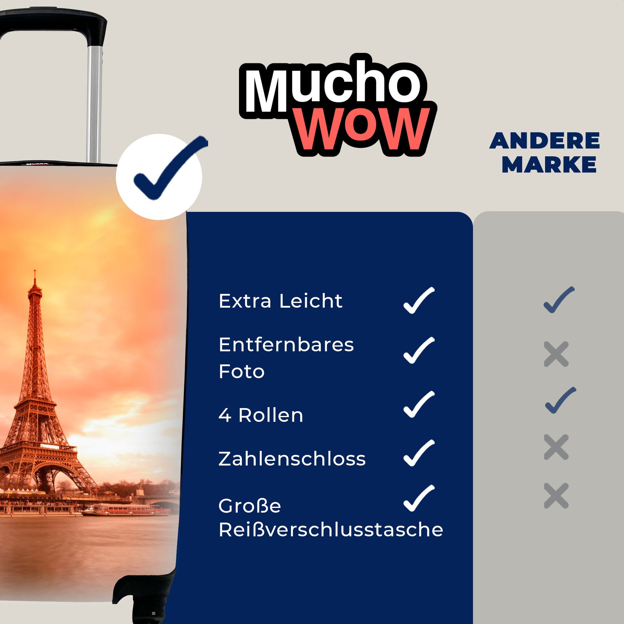 Reisetasche 4 Trolley, Himmel, rollen, Reisekoffer Handgepäckkoffer Eiffelturm für - Paris mit - Ferien, MuchoWow Rollen, Handgepäck