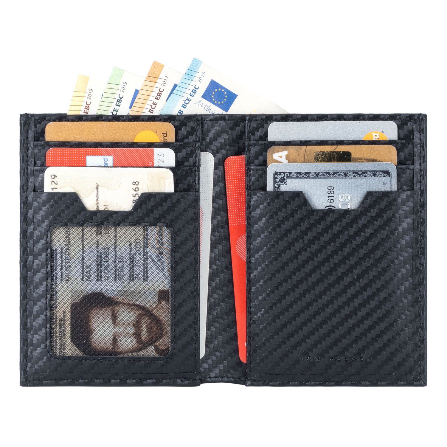 HEESEN RFID-Schutz, Geschenkbox Carbon-Schwarz Münzfach VON inkl. 8 & mit Geldbeutel Kartenfächer, Portemonnaie Geldbörse XXL