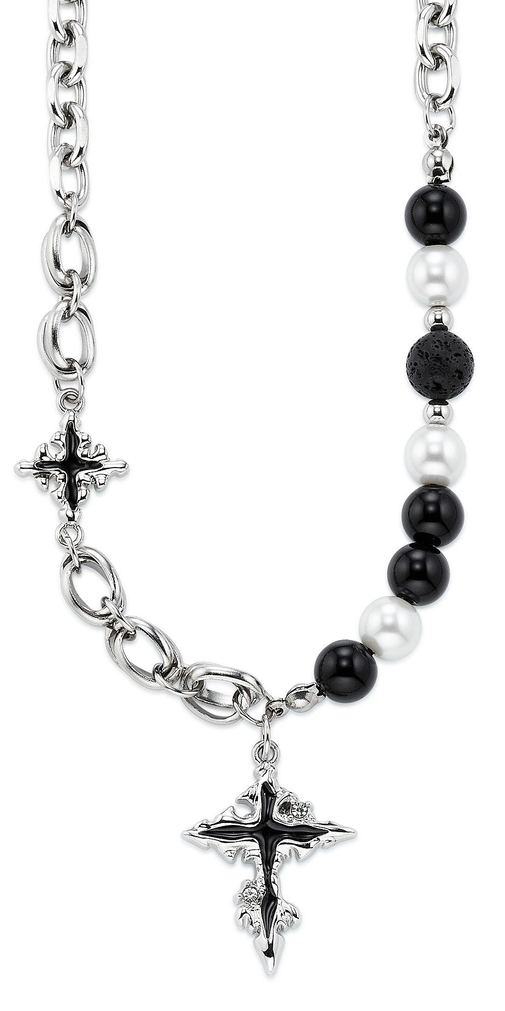 Bruno Banani Kette mit Anhänger Schmuck, Geschenk, Edelstahlkette mit Kreuz schwarz emalliert, mit Lavastein - mit Perle (imitiert)