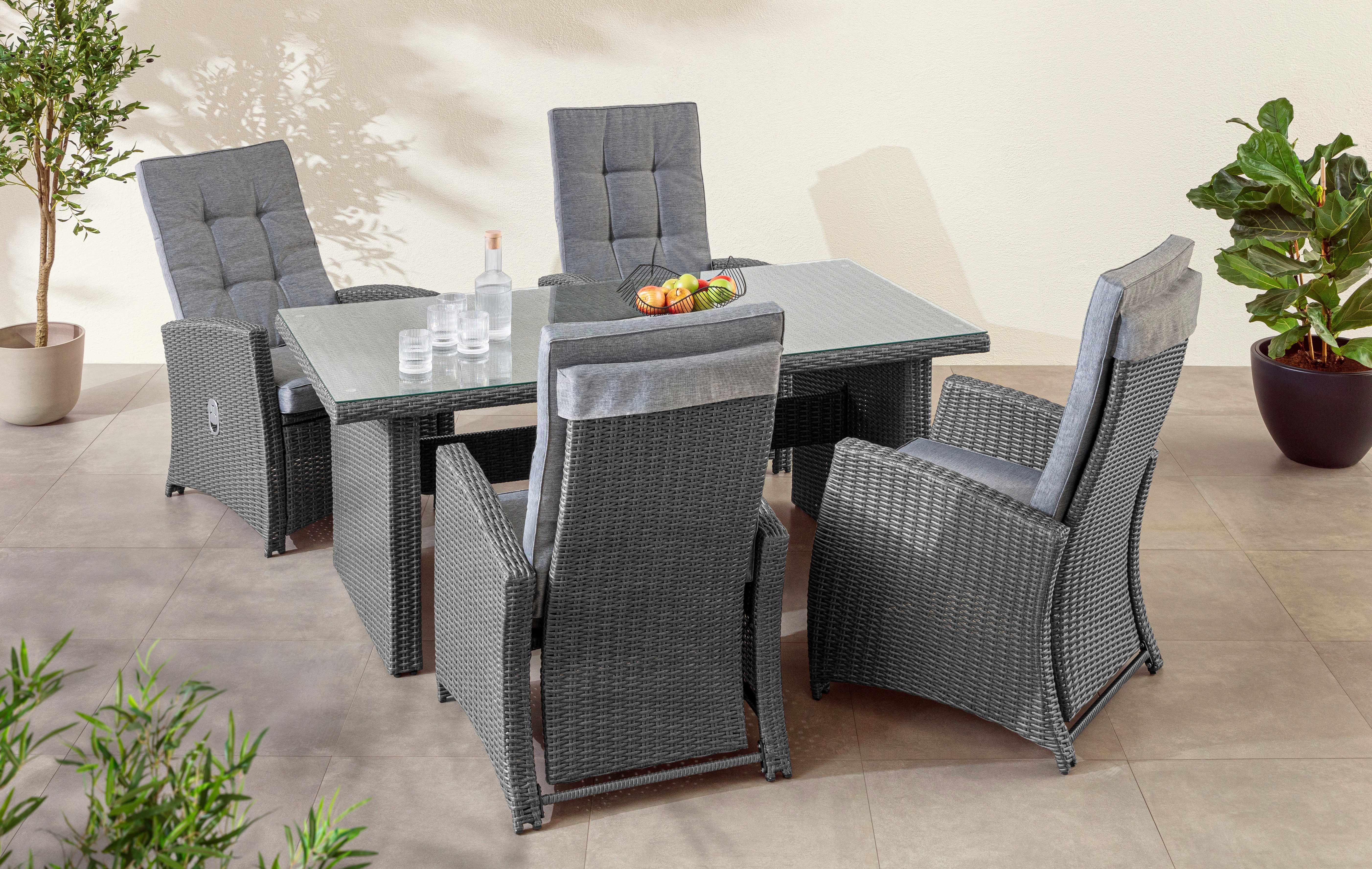 KONIFERA Garten-Essgruppe »New Paris«, (Set, 13-tlg., 4 Sessel, Rückenlehne verstellbar, Tisch 90x180x75 cm), inkl. Auflagen, Aluminium/Polyrattan