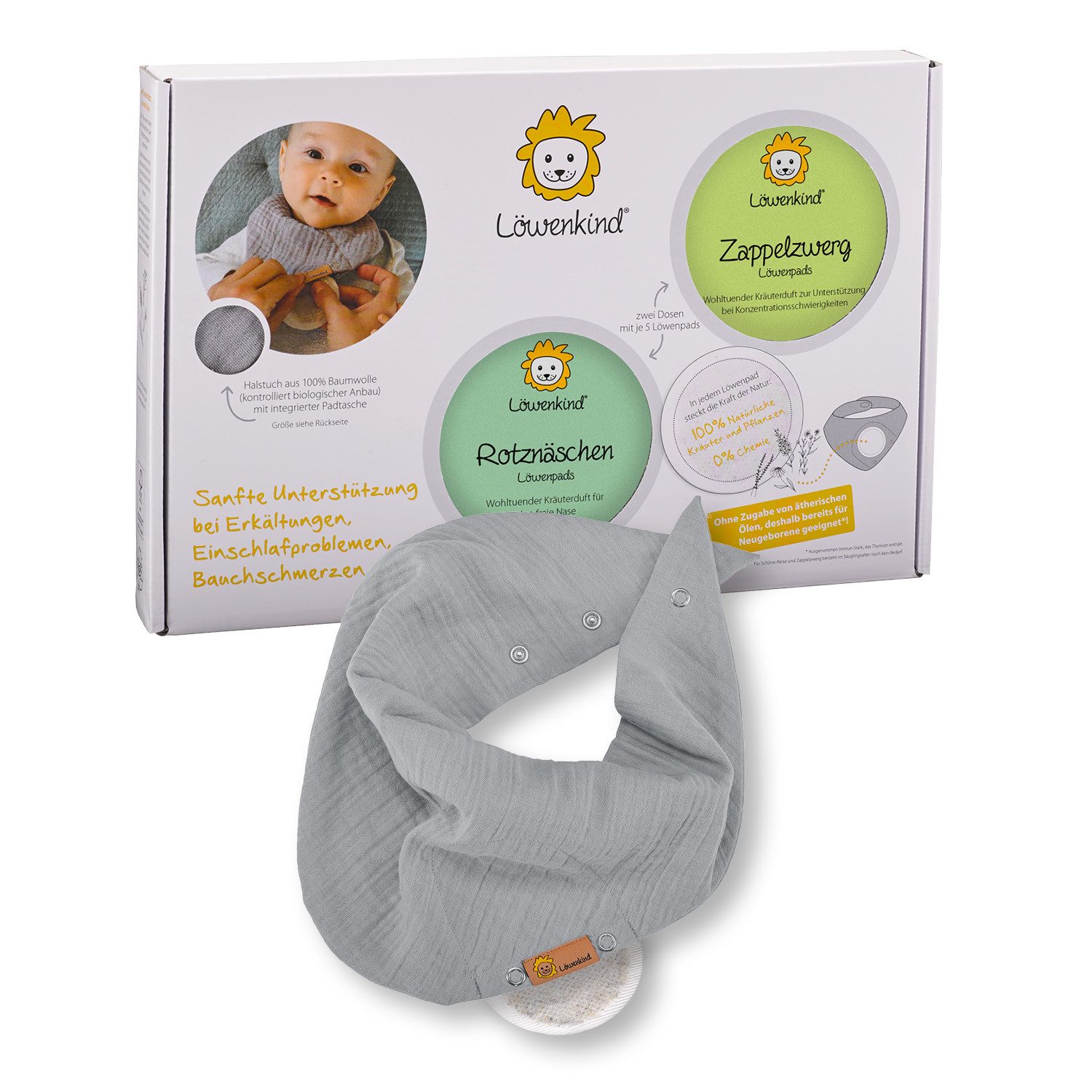 Löwenkind Pflege-Geschenkset Einsteigerbox mit Halstuch "Medi" Grau, Zappelzwerg und Rotznäschen Einsteiger-Set, 3-tlg., Sanfte Unterstützung aus der Natur