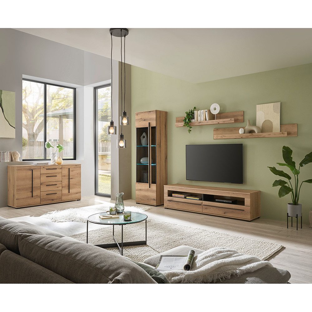 Lomadox Wohnzimmer-Set COLORADO-61, (Mega-Spar-Set, 5-St., Vitrine Kommode Lowboard Wandregale), in Eiche mit LED Glasbodenbeleuchtung und Softclose Schubladen