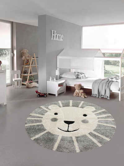 Kinderteppich Kinderzimmer Teppich Baby Spielteppich 3D Optik High Low Effekt Löwe creme grau weiß, Teppich-Traum, Rund, Höhe: 20 mm