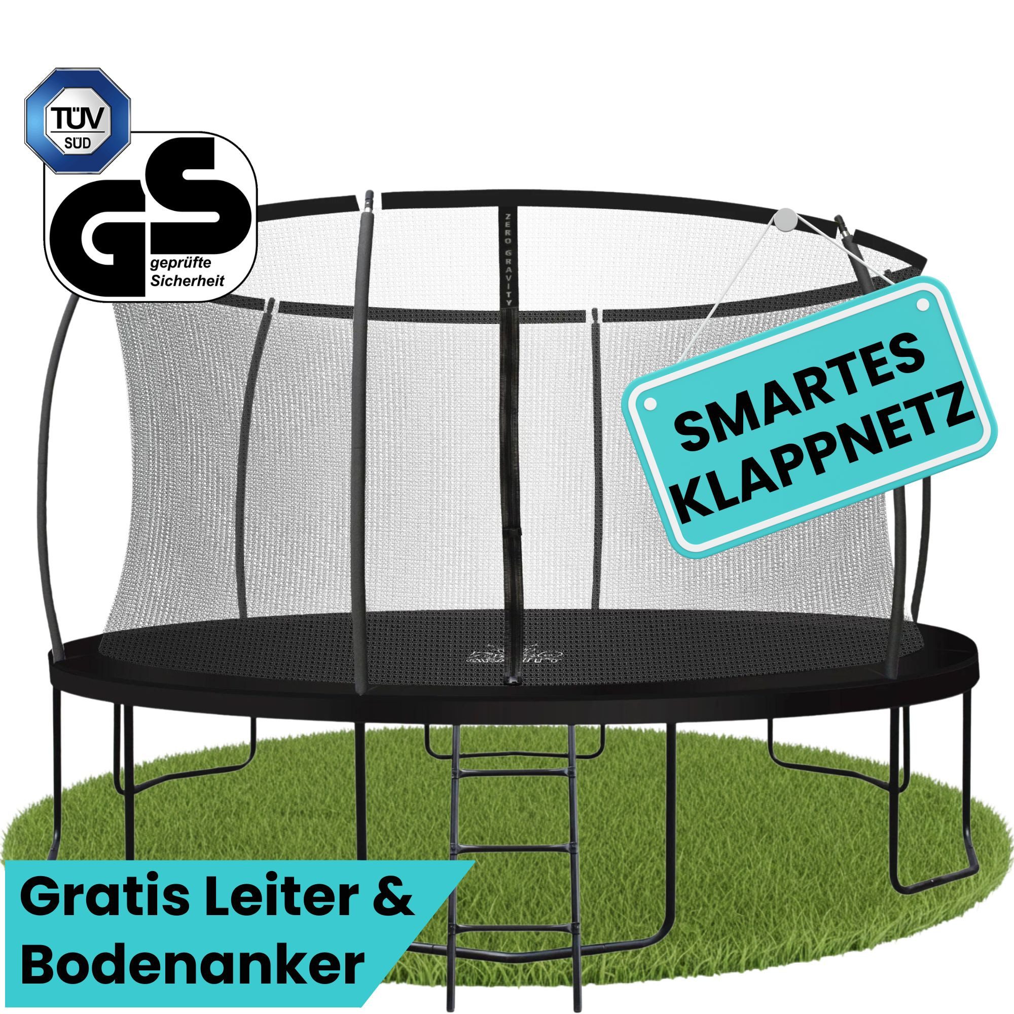 Zero Gravity Gartentrampolin Trampolin Outdoor Ø244/305/366/427cm mit smartem Klappnetz, Ø 244 cm, TÜV GS geprüfte Sicherheit