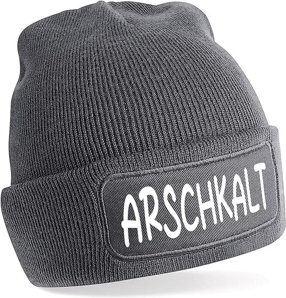 Herzbotschaft Beanie Strickmütze mit Spruch ARSCHKALT (Skimütze) Unisex Mütze angenehm weiche und warme Wintermütze Einheitsgröße