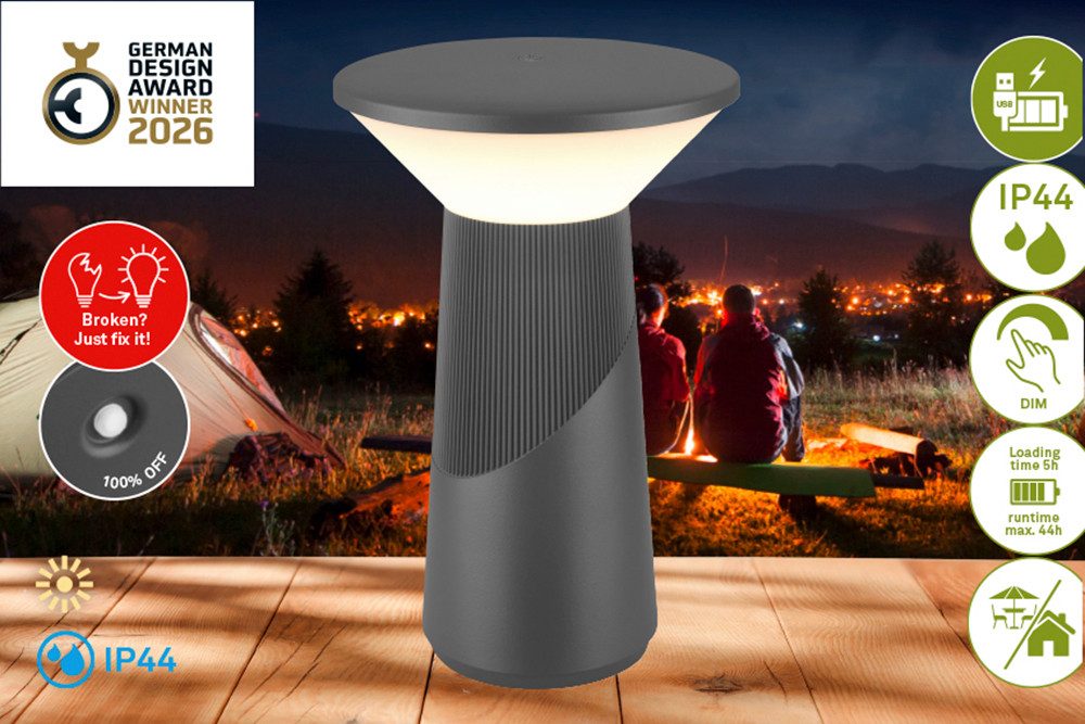 Briloner Leuchten LED Tischleuchte PILIA, LED wechselbar, 15x24 cm, Akku tauschbar, Indoor/Outdoor, Wohnzimmer, Balkon
