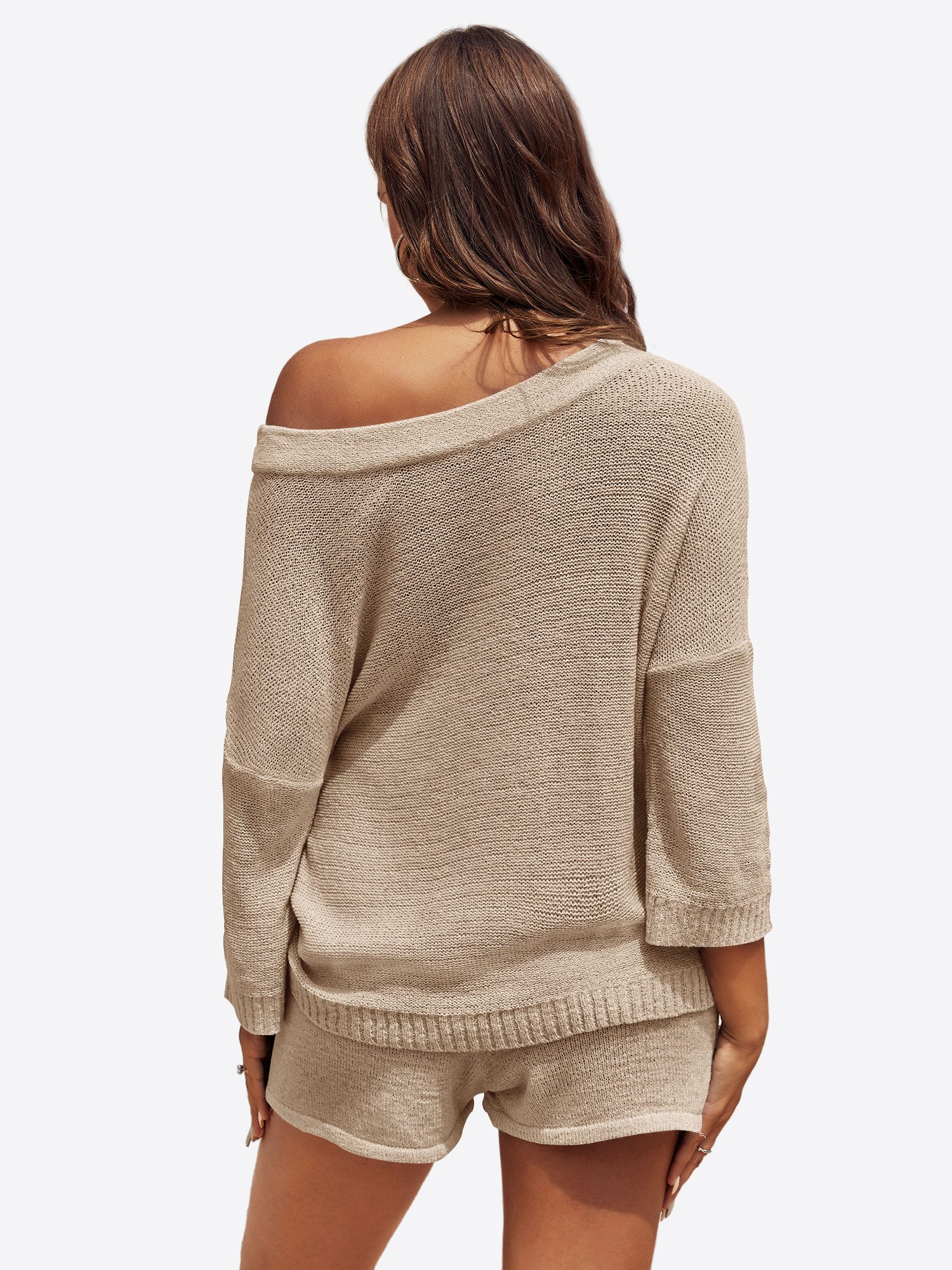 Imily Bela Hausanzug Damen Zweiteiliges Pyjama-Set (Set, 2 tlg., Schulterfreier Strickpullover + Kurze Hose) Einfarbig – Bild 3 von 5