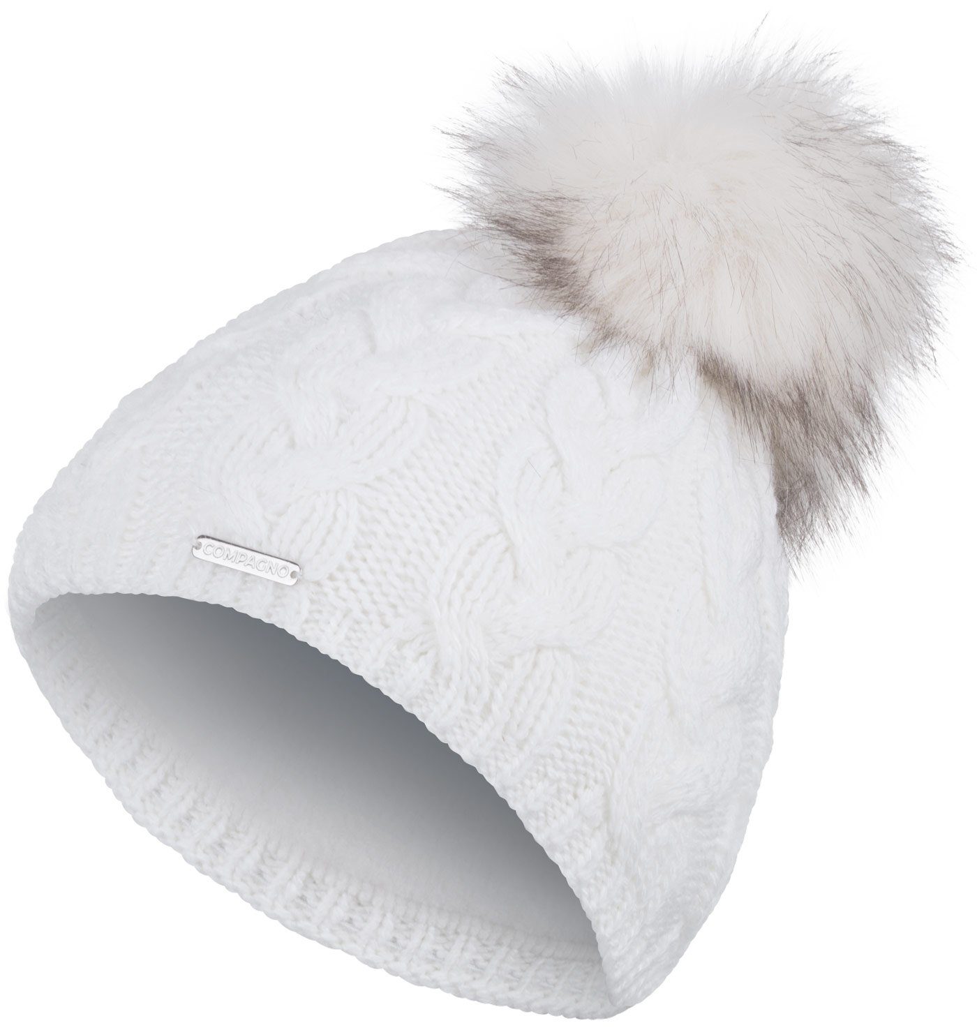 compagno Bommelmütze (1-St) Bommelmütze Wintermütze Zopf-Strickmuster Damen Fleecefutter Beanie