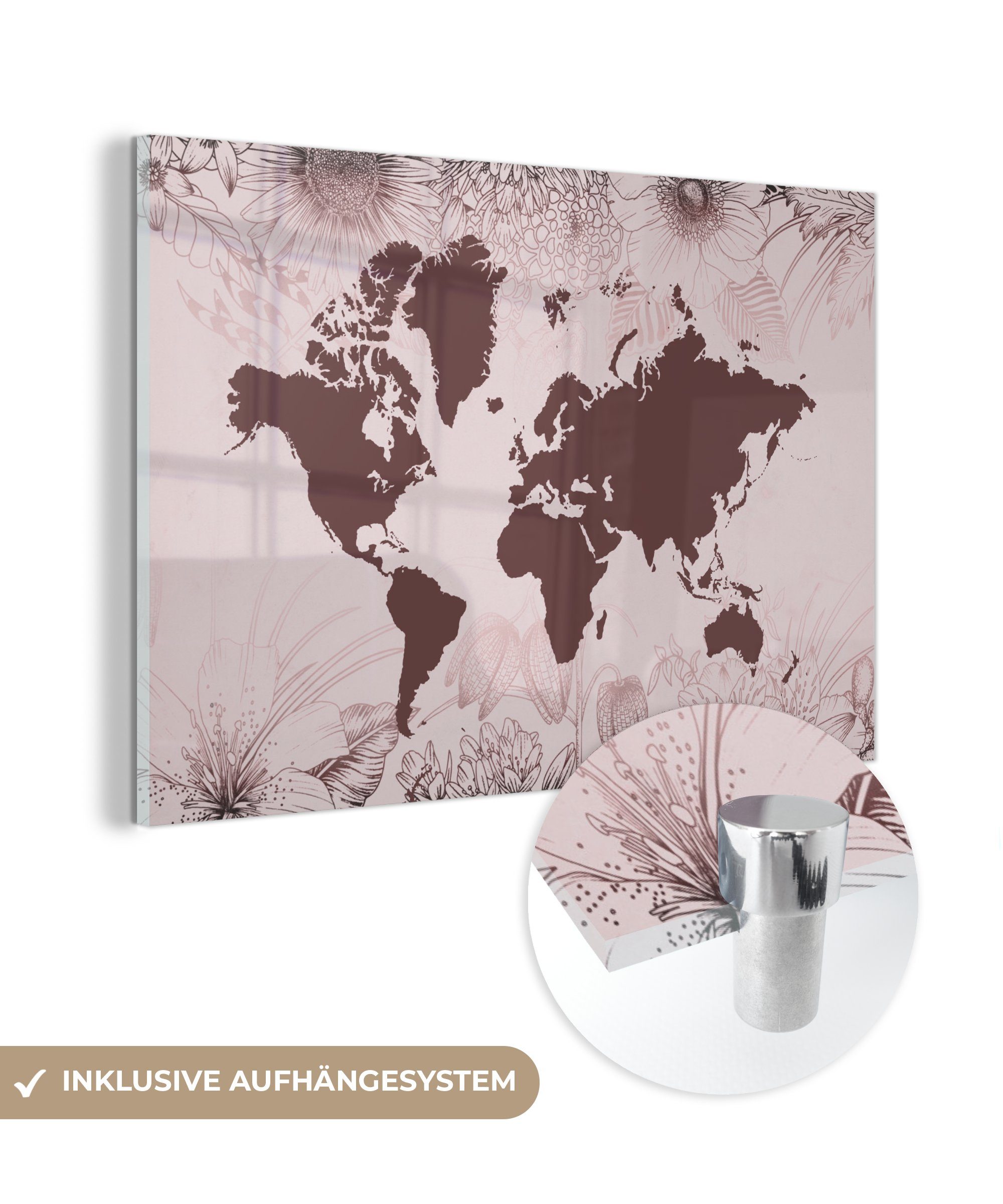 Weltkarte auf - Glas Glas auf Wanddekoration MuchoWow - - Wandbild - Acrylglasbild Glasbilder Bilder St), Lila, Blumen (1 Foto -