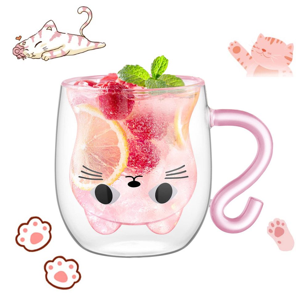 Coonoor Latte-Macchiato-Glas Doppelwandige Süße katze Kaffeetasse, 290ml Kaffeeglas Чайные стаканы, Geburtstag Valentinstag Geschenke für Frauen Kinder