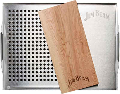 Jim Beam BBQ Grillerweiterung Edelstahl-Platte (Set), 59x30 cm, mit Zedernholz Räucherbrett für Grillgut, Fisch, Gemüse