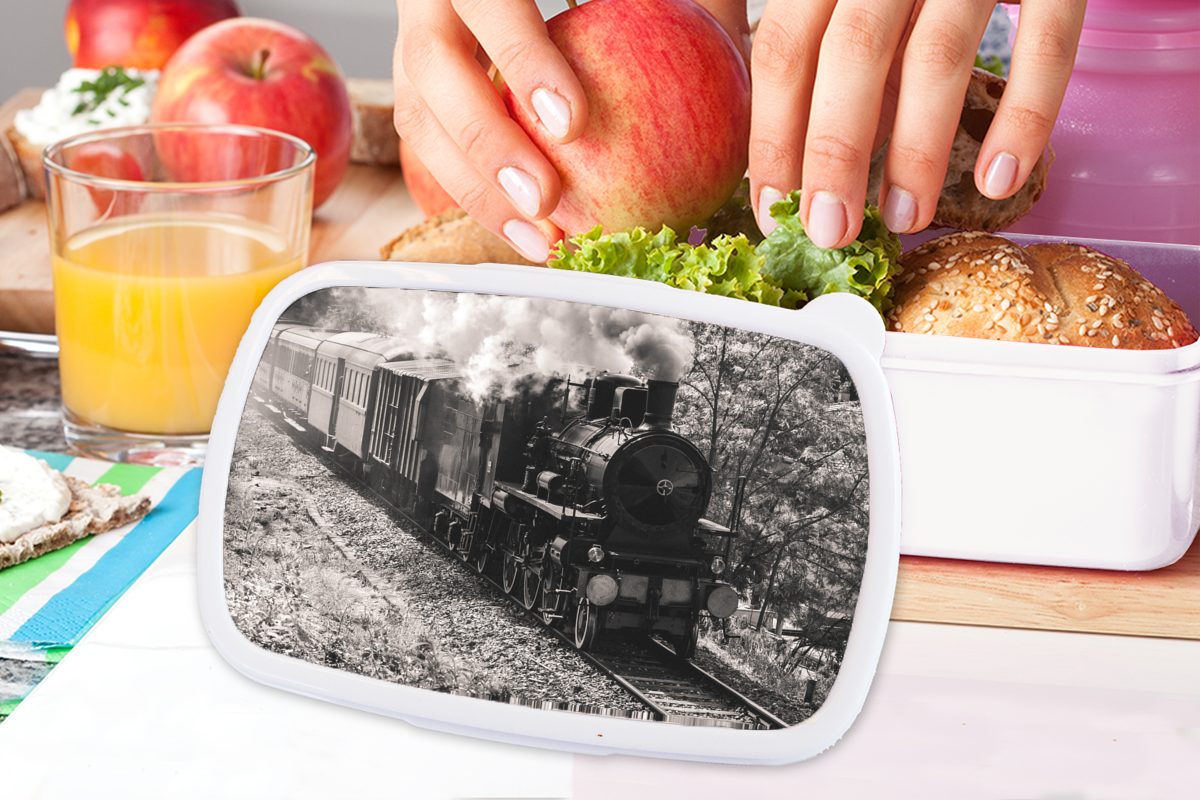 MuchoWow Lunchbox Schwarz-Weiß-Foto Dampflokomotive Kinder für inmitten Brotdose, Kunststoff, Jungs Brotbox Wiesen, und (2-tlg), für einer Mädchen und Erwachsene, der