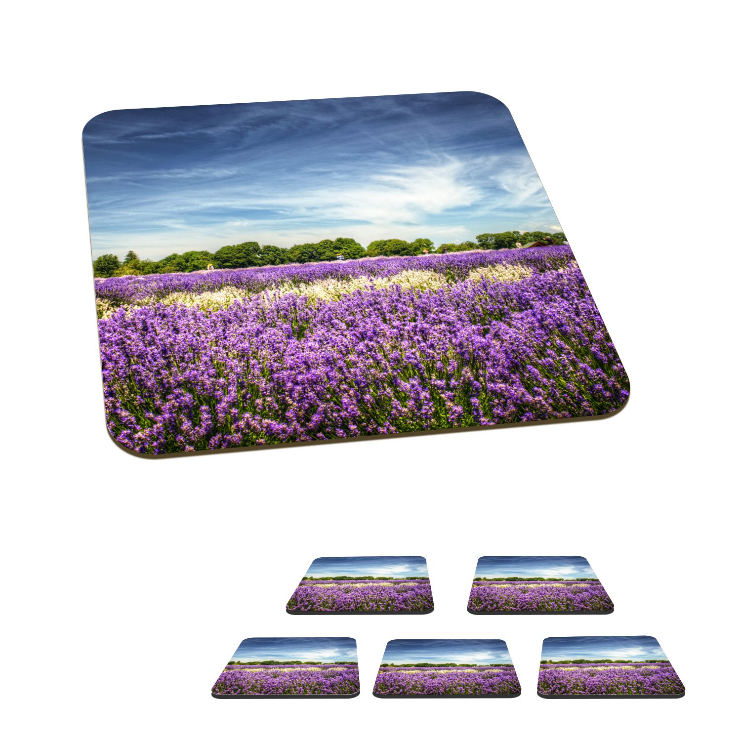 MuchoWow Glasuntersetzer Blauer Himmel über Lavendel in der Natur, Zubehör für Gläser, 6-tlg., Glasuntersetzer, Tischuntersetzer, Korkuntersetzer, Untersetzer, Tasse