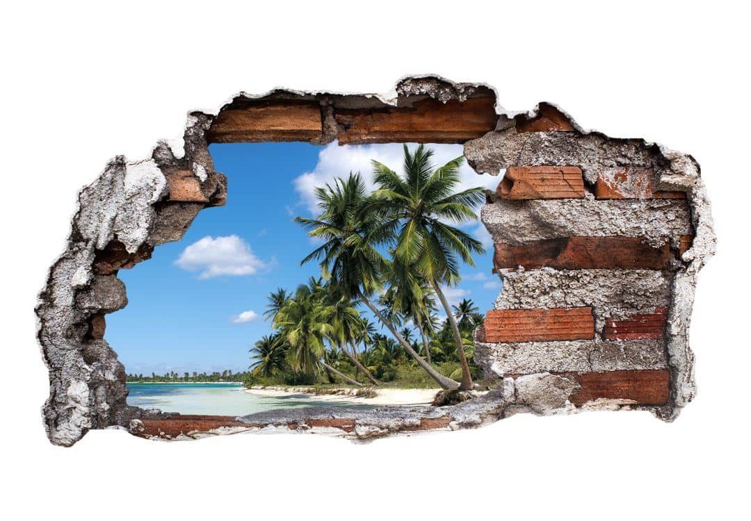 K&L Wall Art Wandtattoo 3D Aufkleber Karibik Palmen Strandurlaub Wellness Wandsticker, Mauerdurchbruch Wandbild selbstklebend