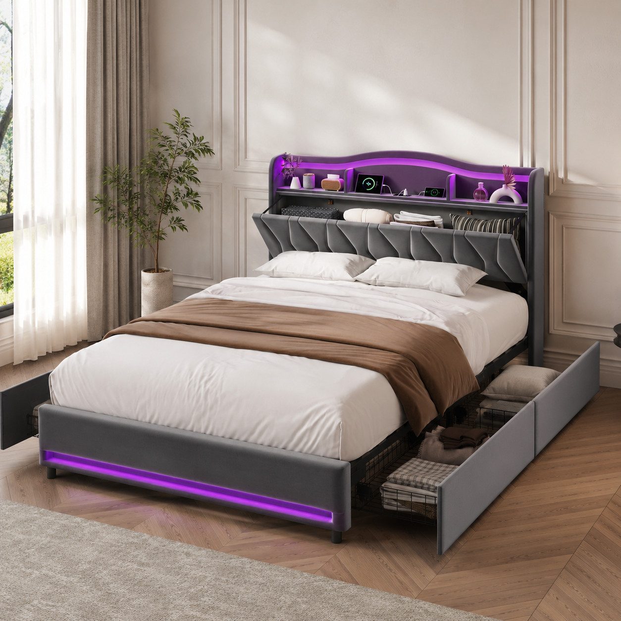 Simurq Polsterbett bett 140x200,polsterbett mit LED und USB,doppelbett mit 4 Schubladen (1-tlg,USB +Type-C,modernes design), Jugendbett mit Lattenrost,140x200 cm, Samt