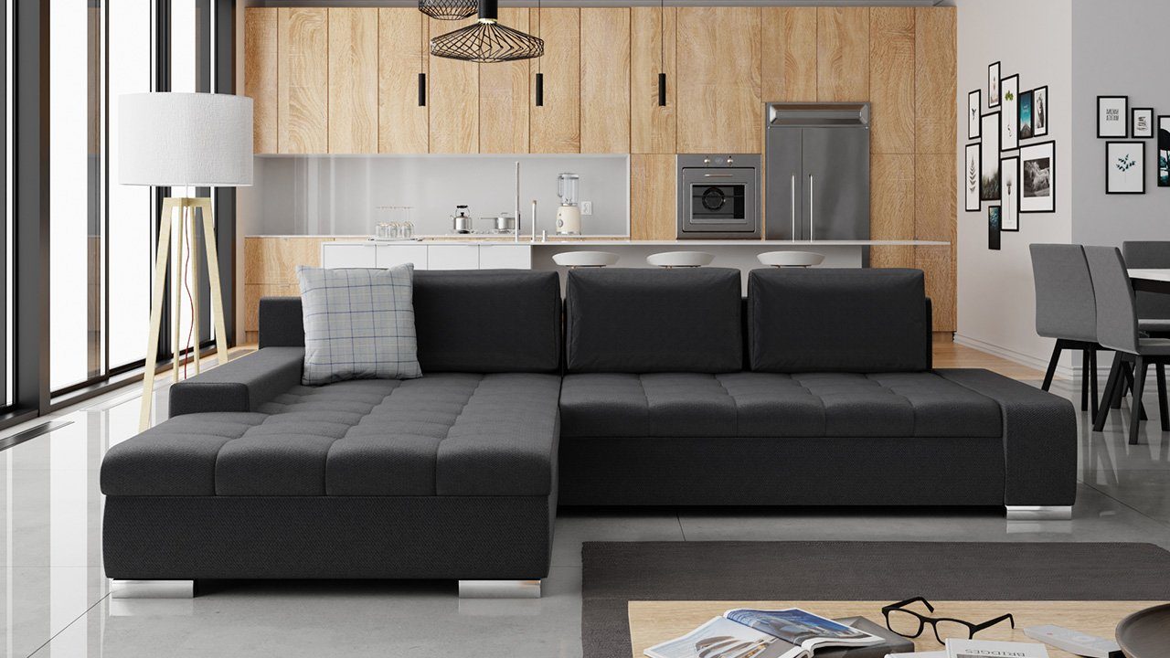MIRJAN24 Ecksofa Orkan, mit Bettkasten und Schlaffunktion, Kissen mit Reisverschluss, Seite universal