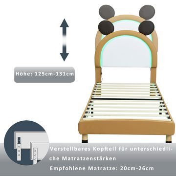 Flieks Polsterbett, LED Kinderbett mit höhenverstellbarem Bär-Form Kopfteil 90x200cm