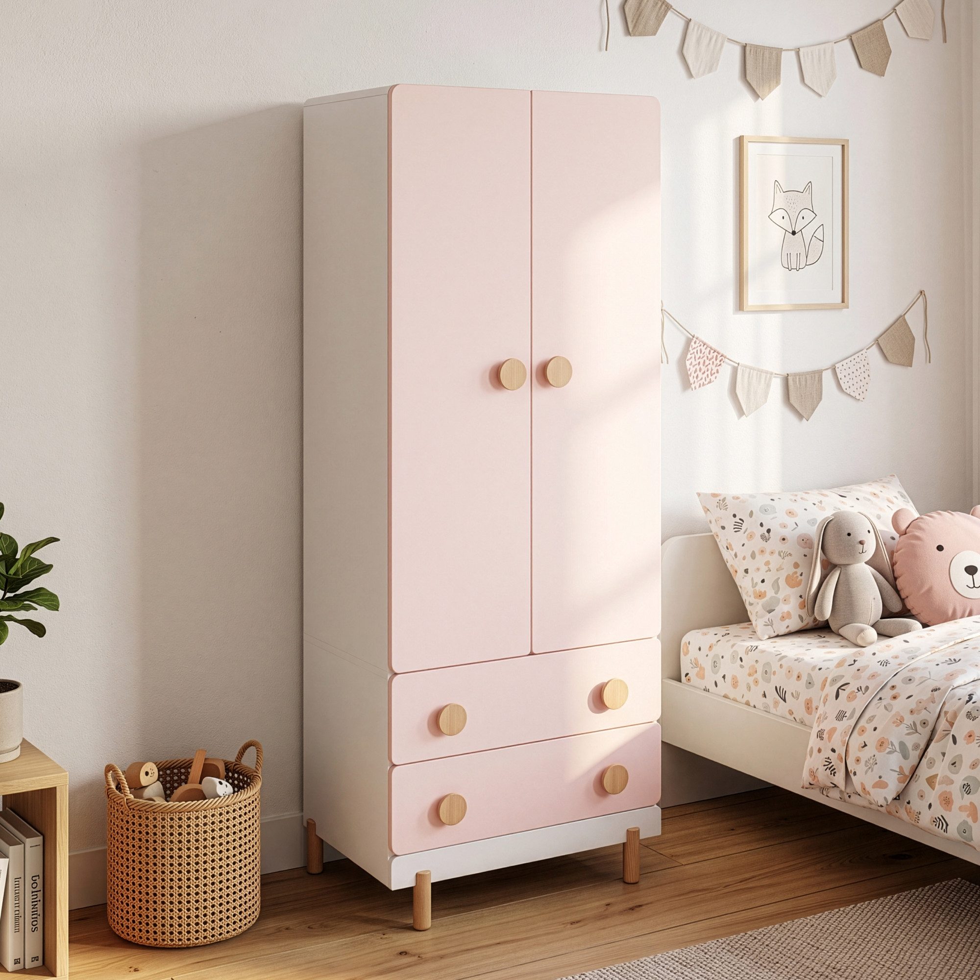 en.casa Kinderkleiderschrank »Vaarentaa« mit 2 Schubladen 156x60x41 cm Weiß/Cotton Candy